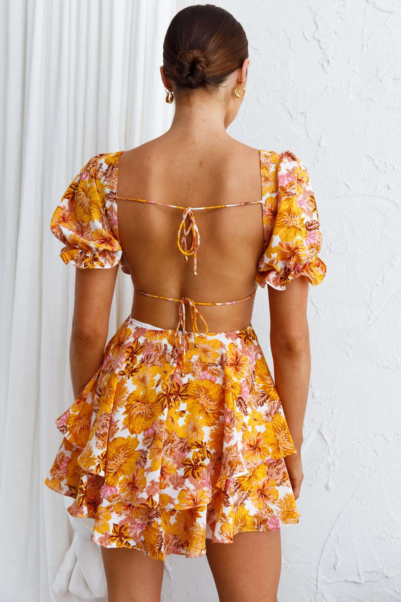 Orianthi Cut-Out Waist Mini Dress Floral Yellow