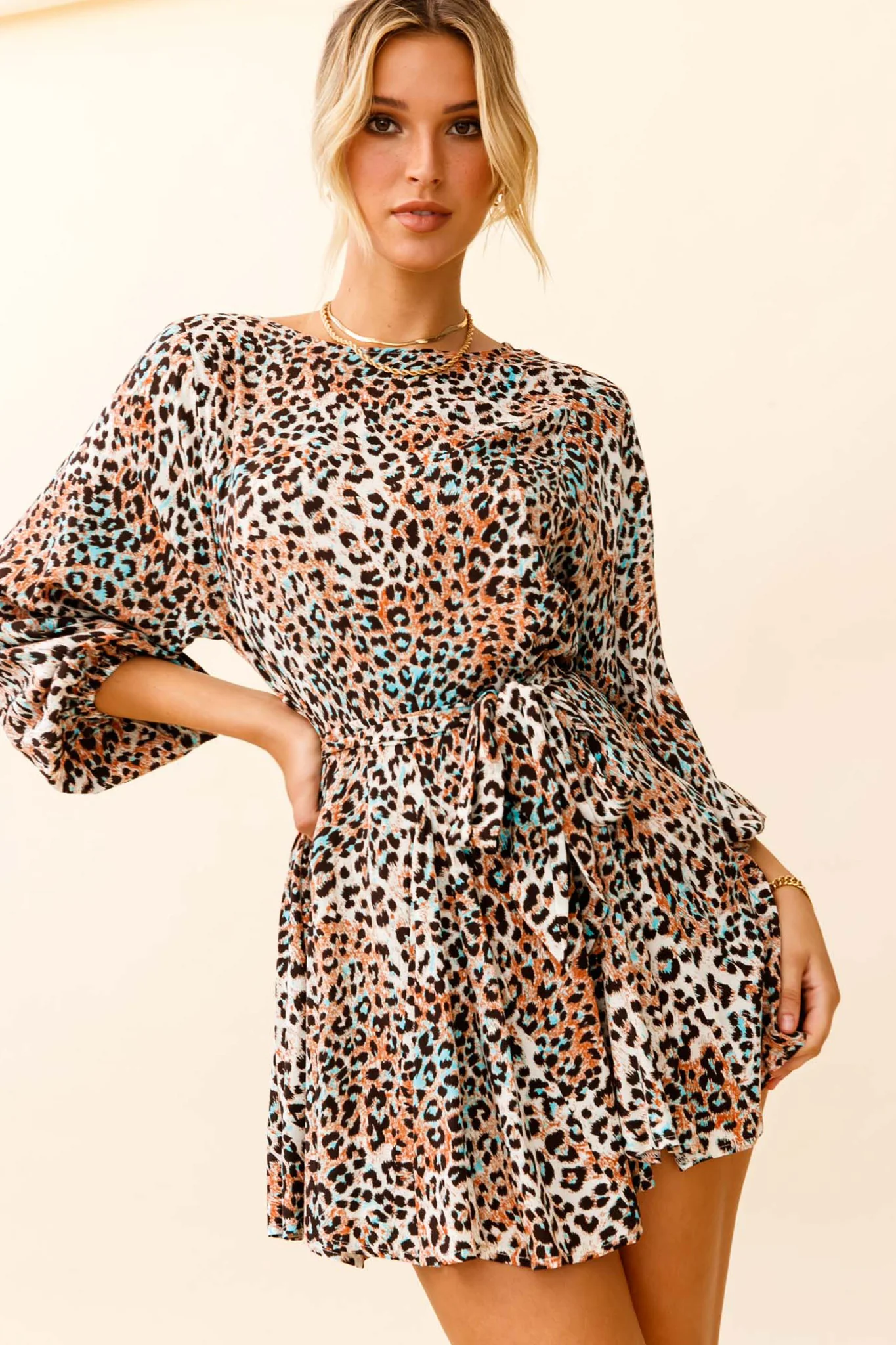 Drift Away Long Sleeve Godet Detail Dress Leopard Print Brown