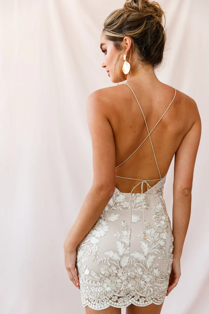 Havilah Halterneck Embroidery Dress Gold