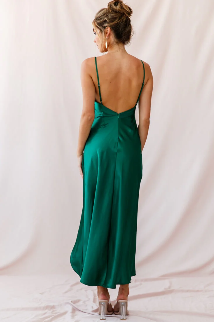 Hey Girl Long Satin Cowl Neck Dress Forest Green