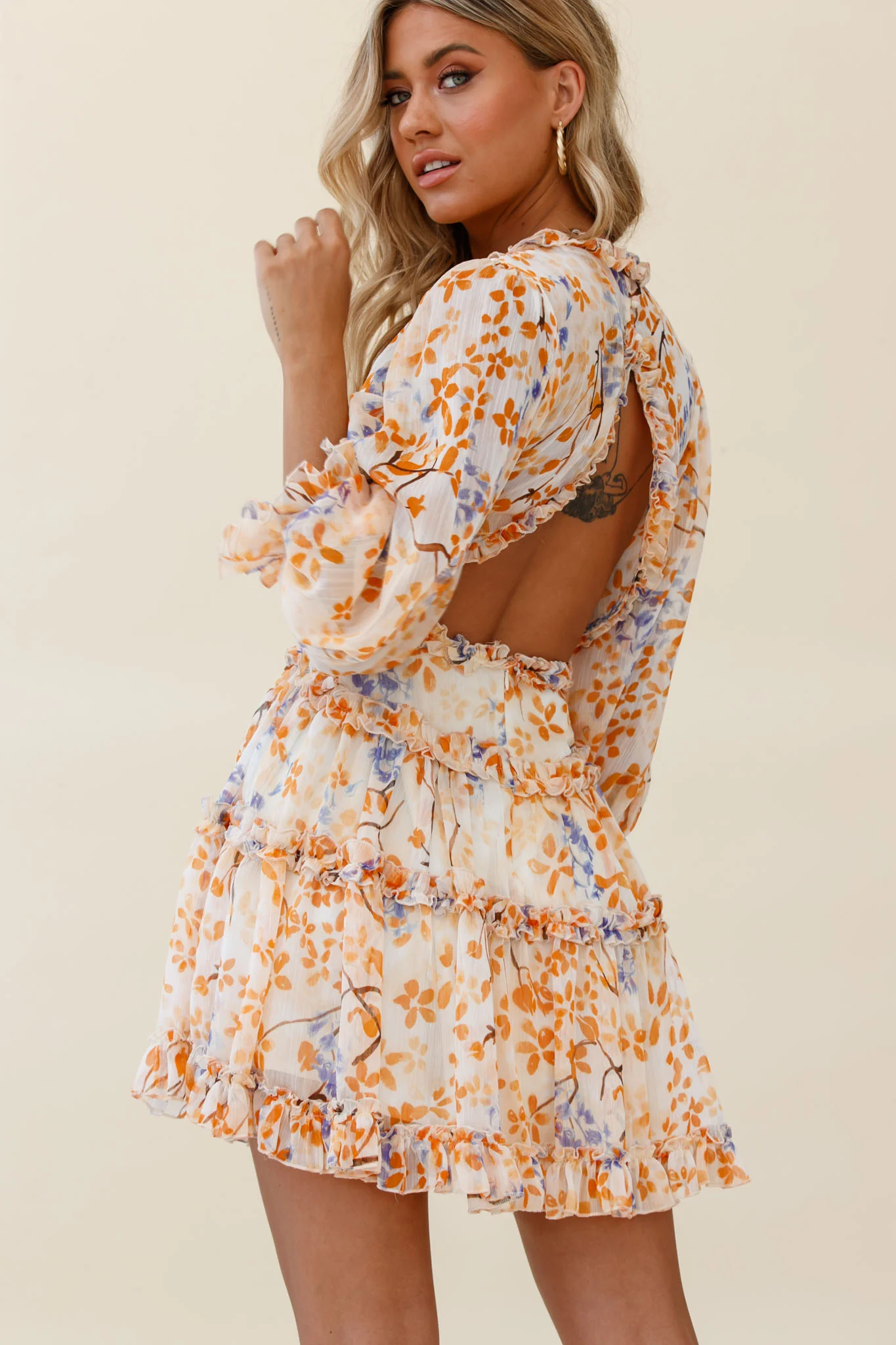 Laney Cutout Back Frill Trim Dress Floral Pattern Orange