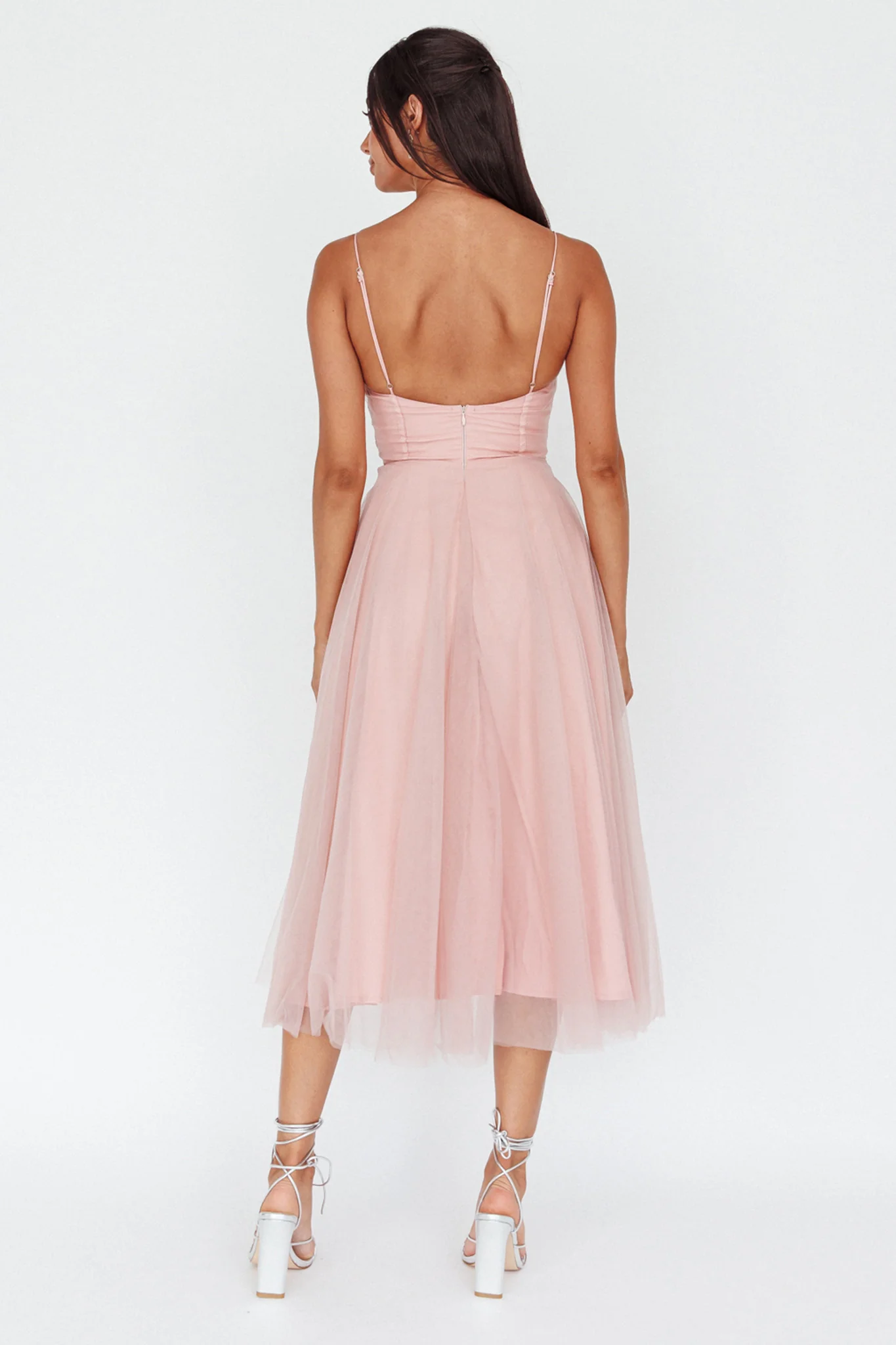 Smitten Lace Insert Tulle Midi Dress Blush