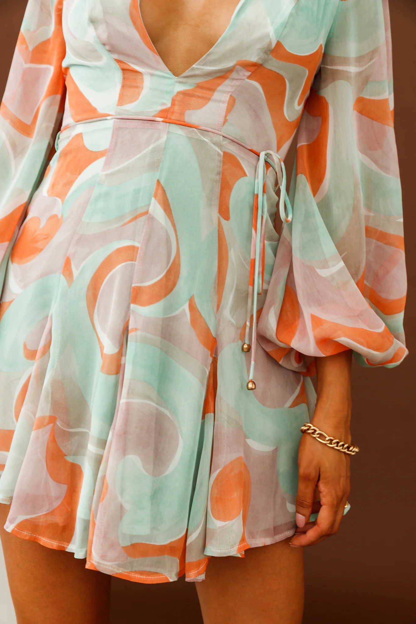 Estelle Long Sleeve V-Neckline Dress Swirl Print Orange/Mint