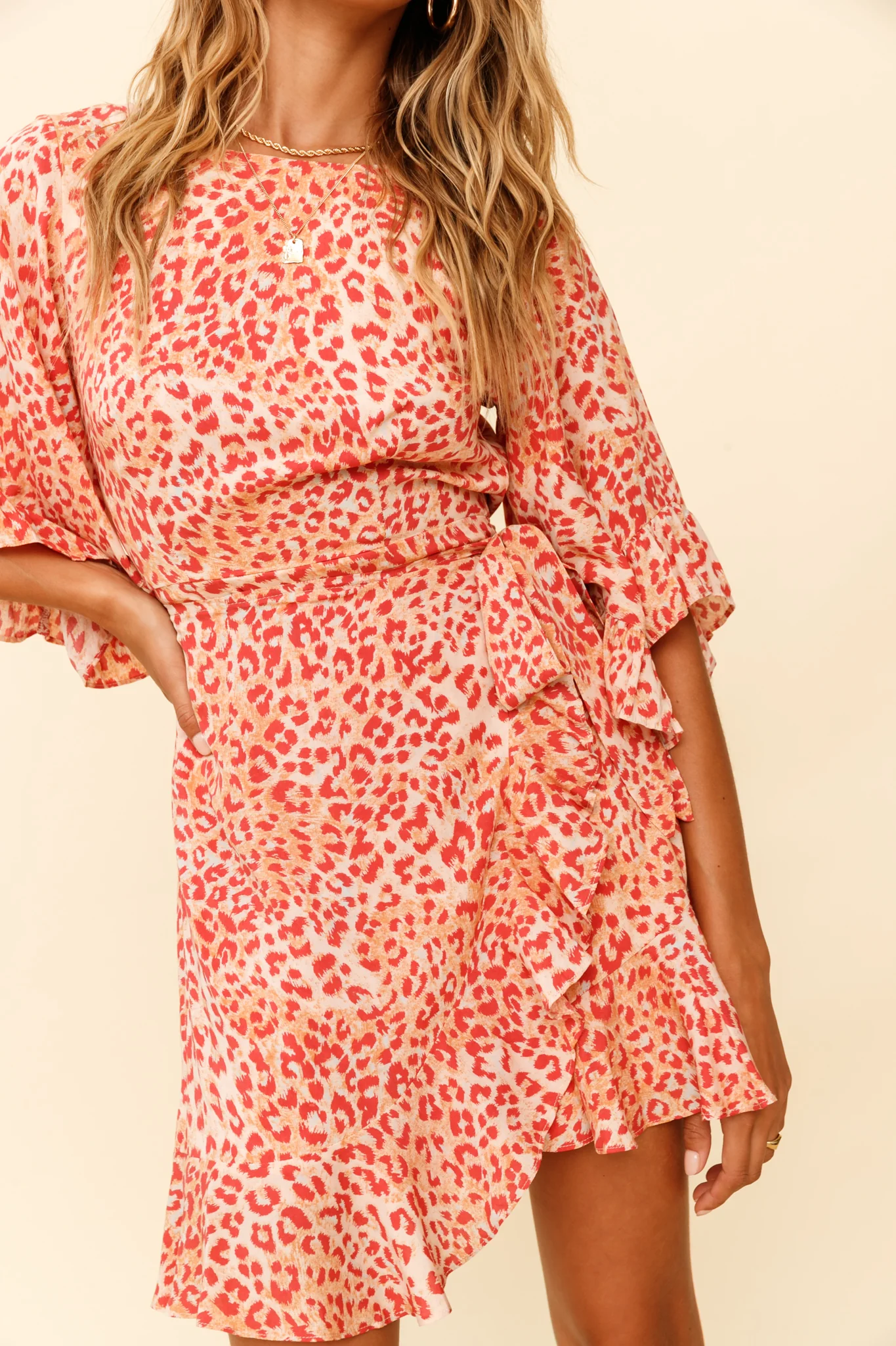 Make It Happen Flared Sleeve Ruffle Trim Dress Leopard Print Orange