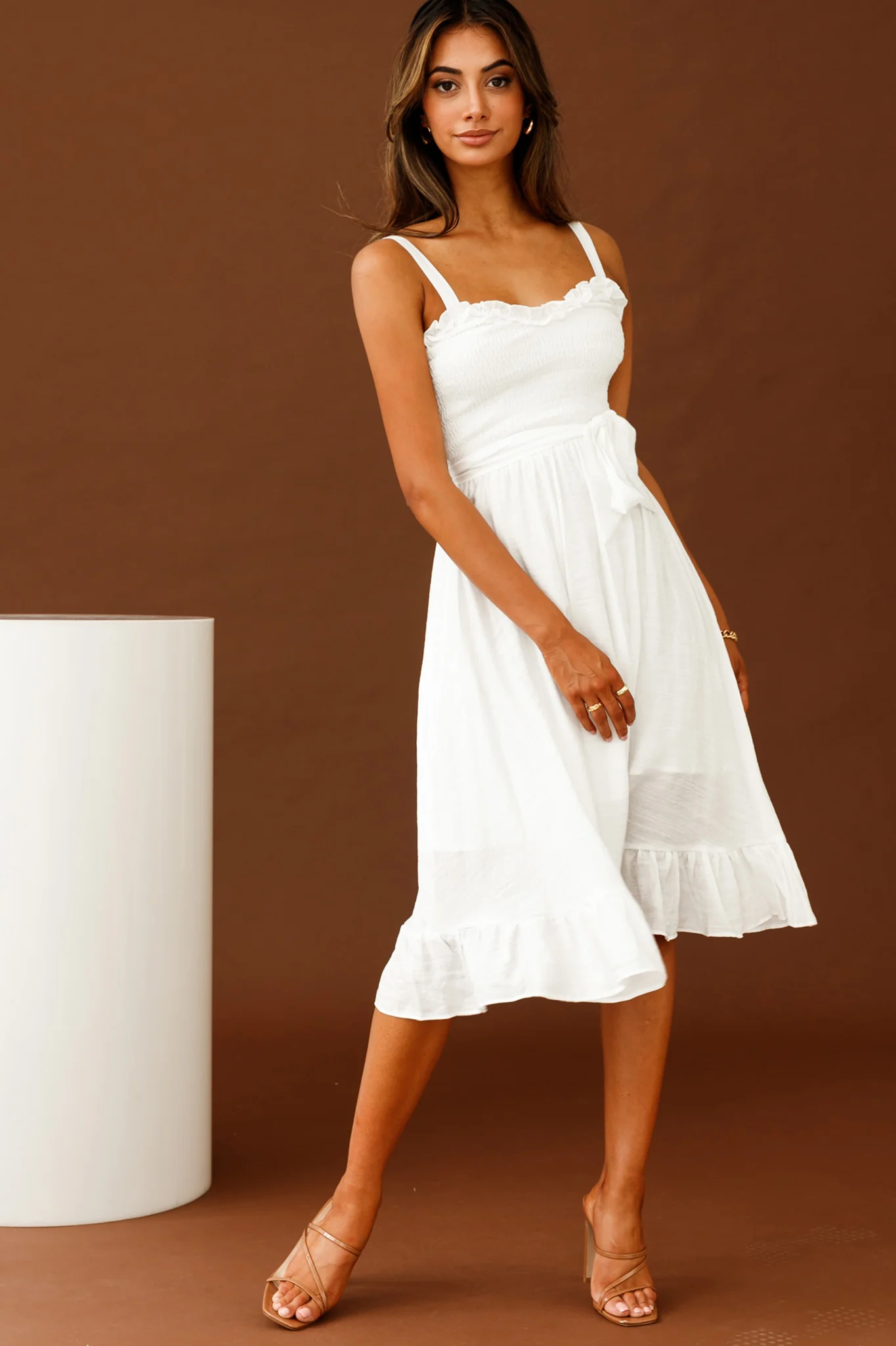 Honey Shirred Frill Midi Dress White