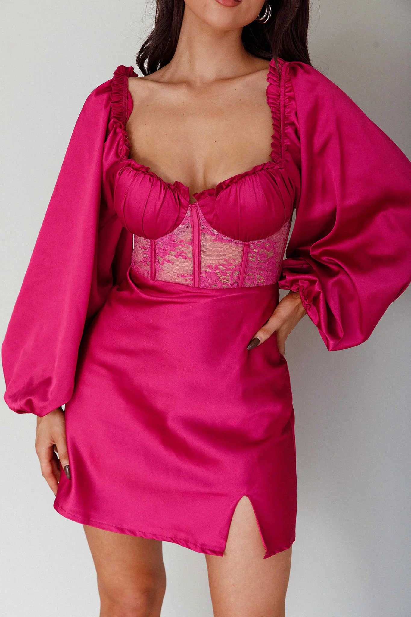 Trophy Long Sleeve Lace Bodice Mini Dress Plum