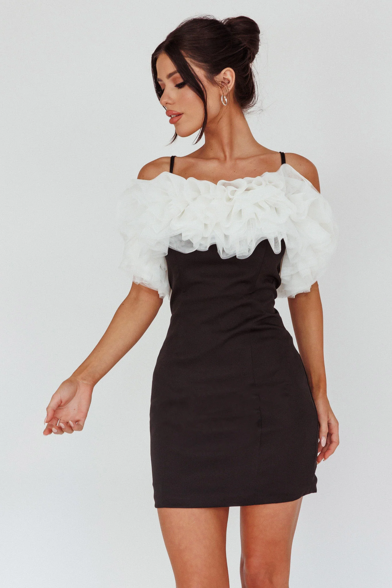 Prima Tulle Neckline Mini Dress Black/White