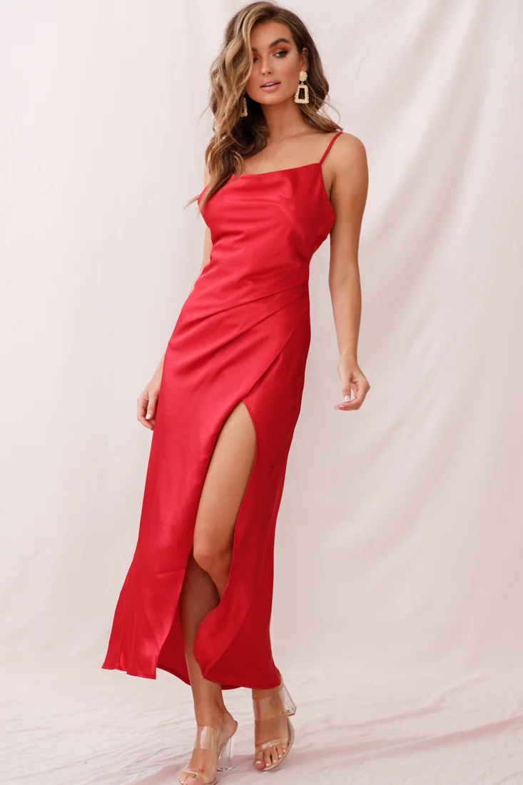 Hey Girl Long Satin Cowl Neck Dress Red