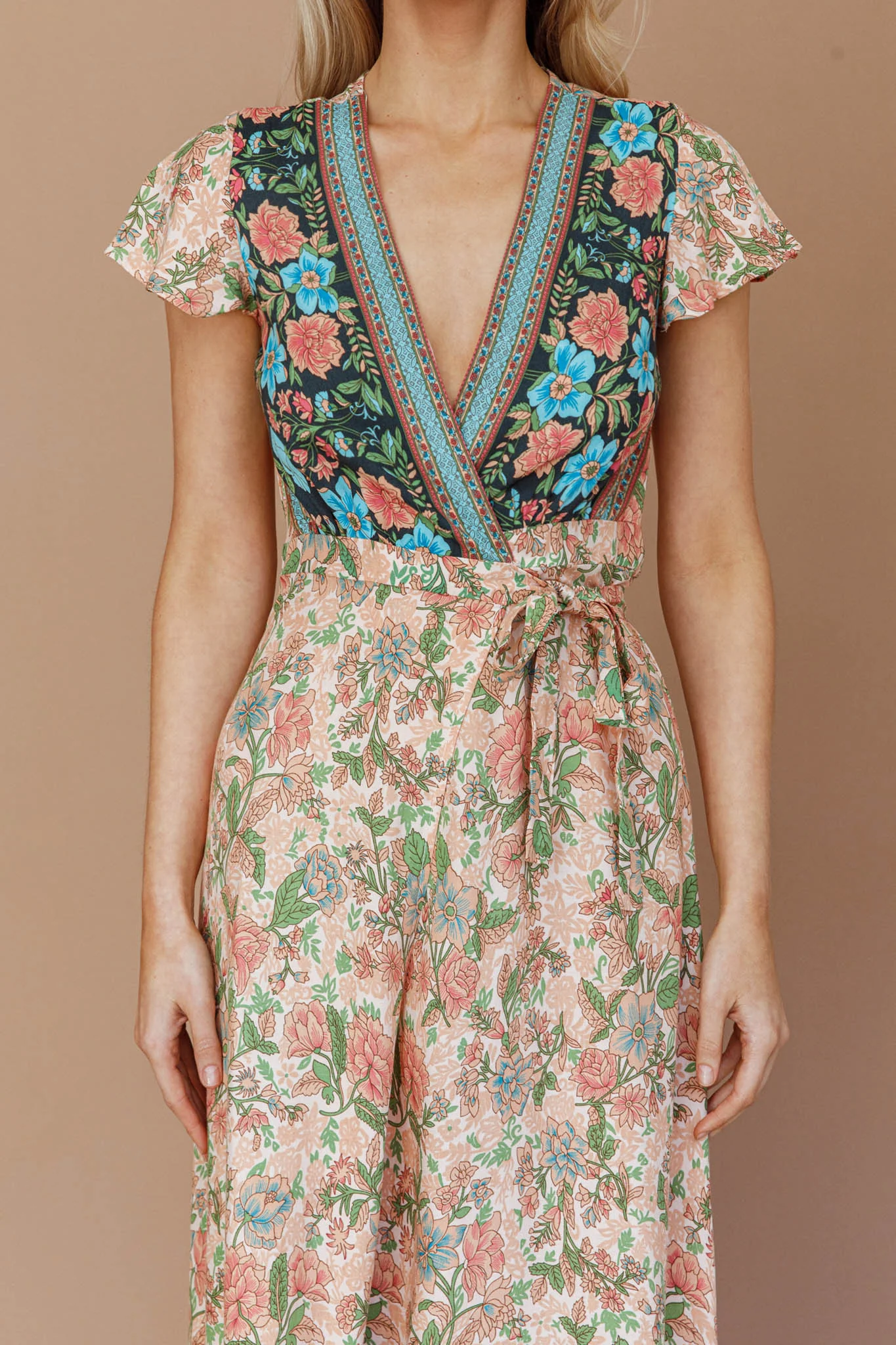 Mayan Angel Sleeve Wrap Midi Dress Floral Nude