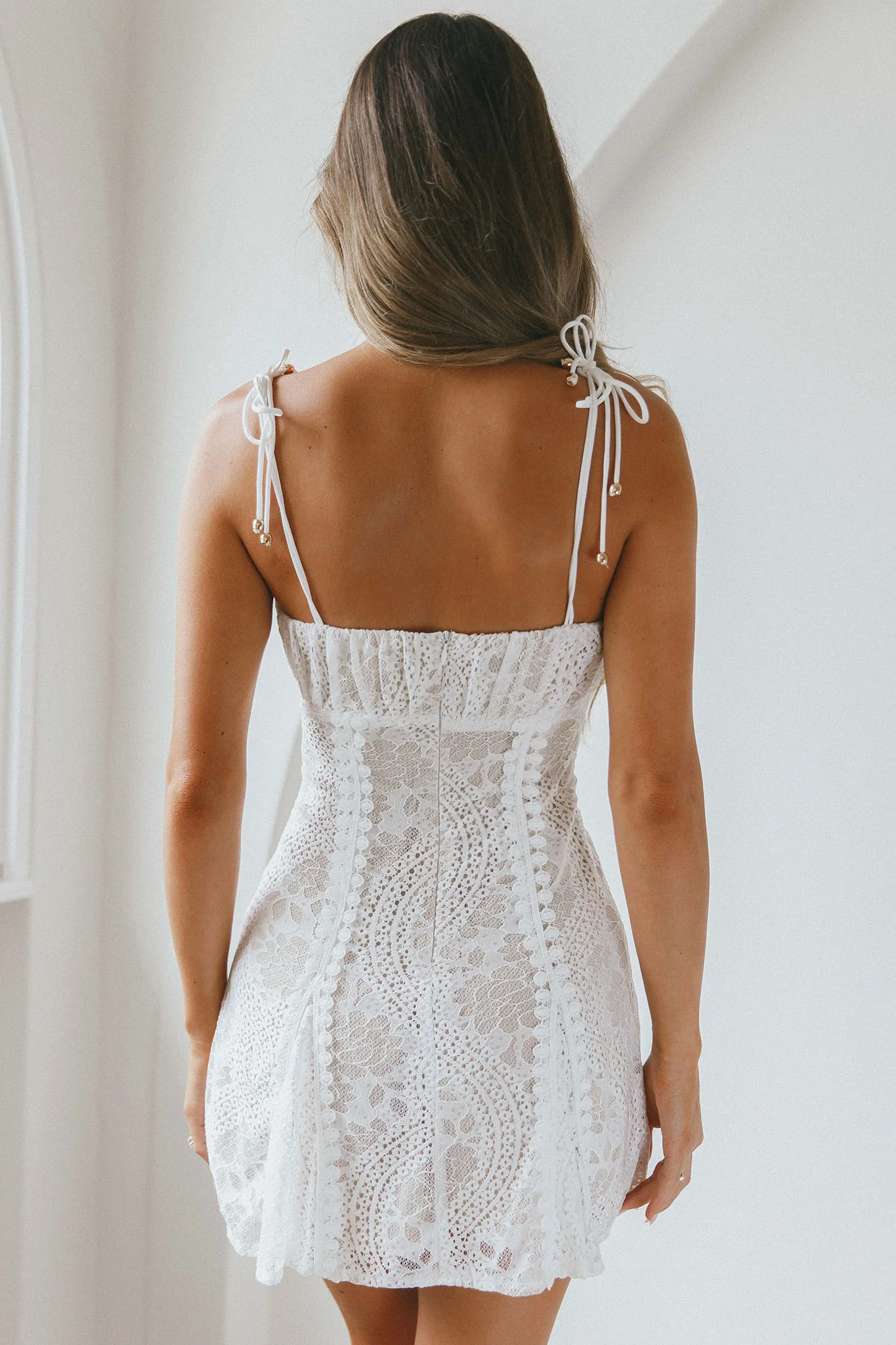 Promise Me Ruched Bust Godet Dress Lace White