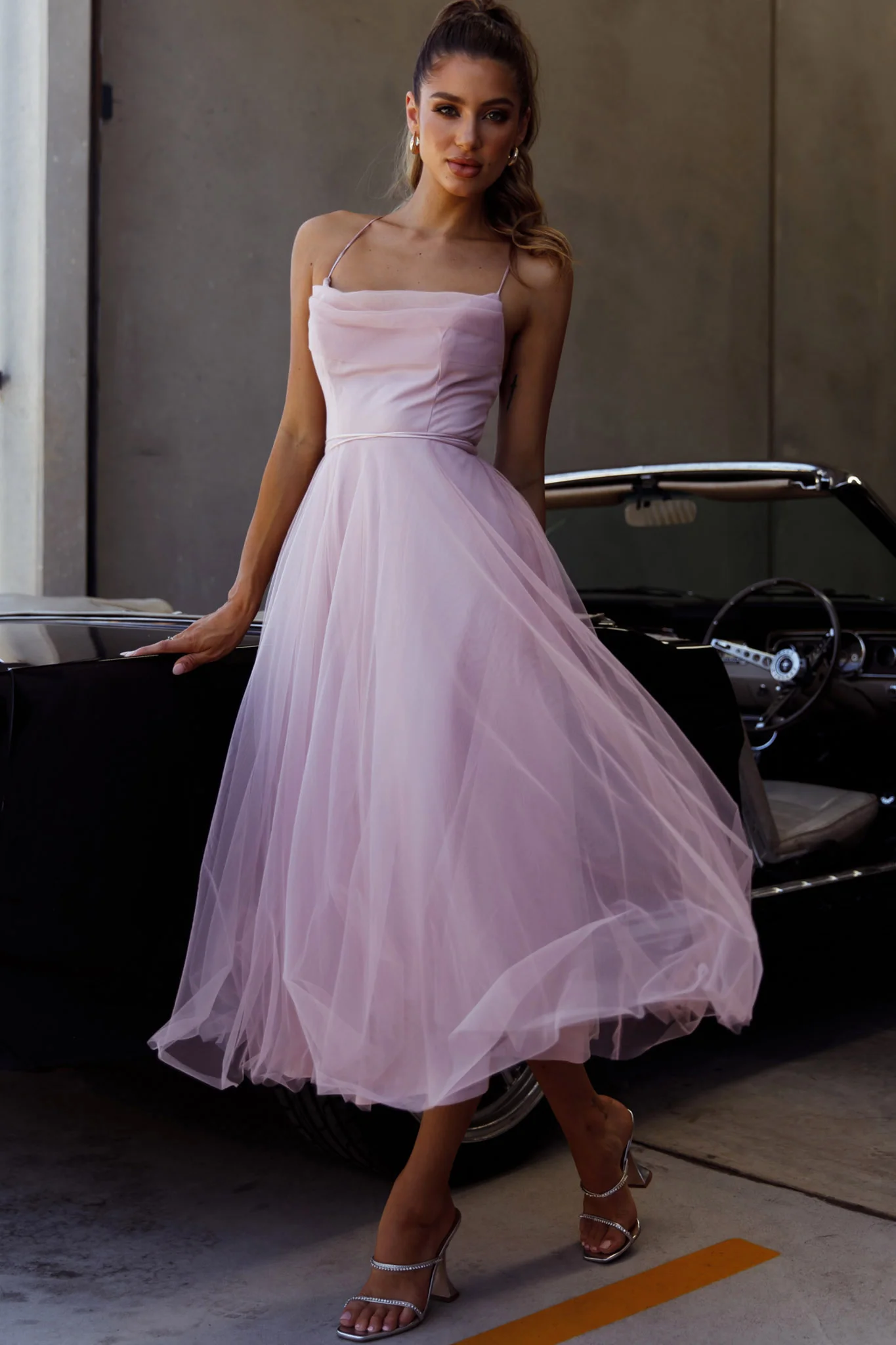 Floating By Pleated Neckline Mesh Midi Dress Blush