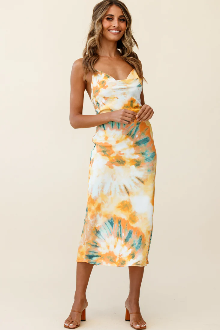 Show Me Love Cowl Neck Midi Dress Tie-Dye Orange Multi