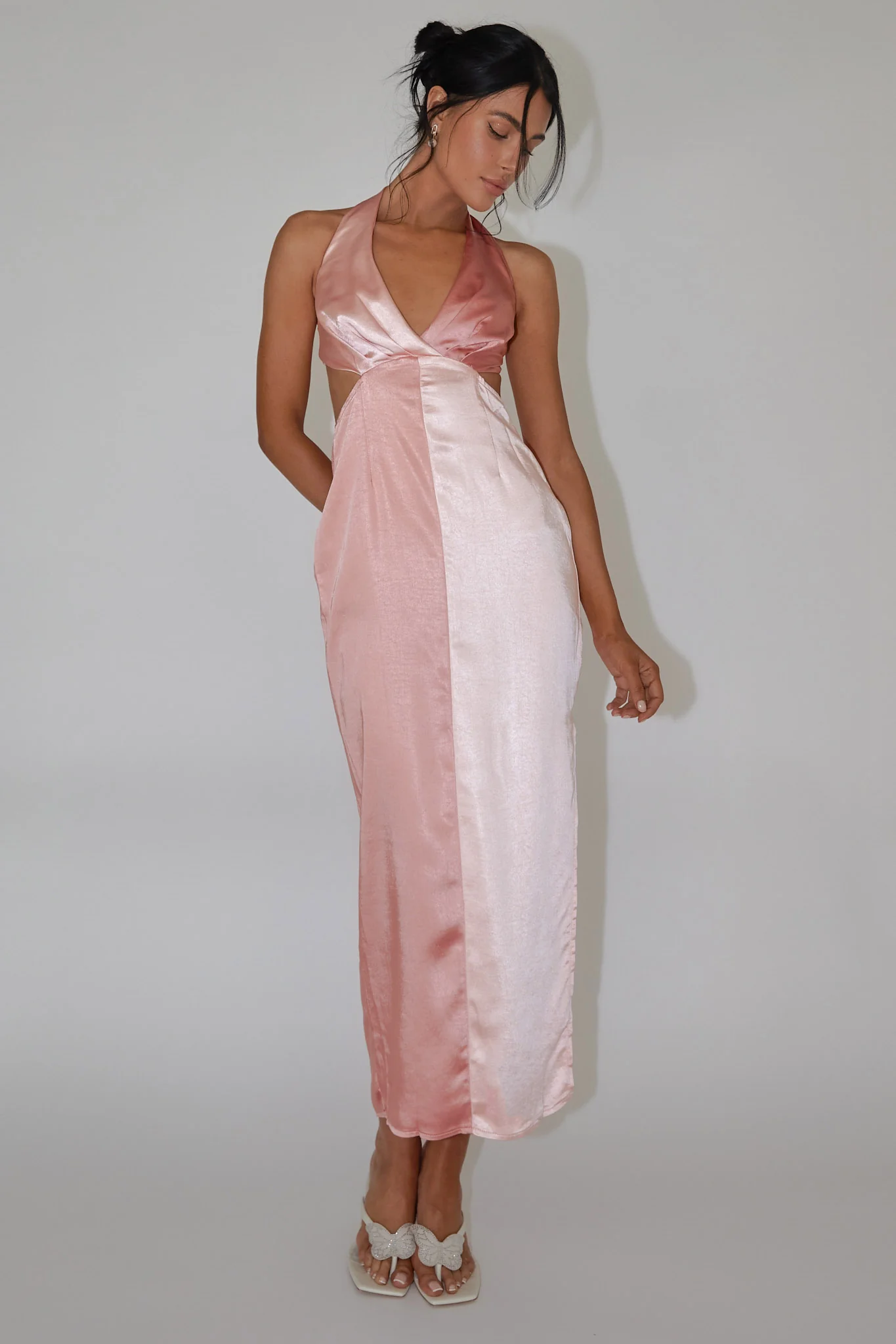 Harlequin Halterneck Satin Maxi Dress Blush