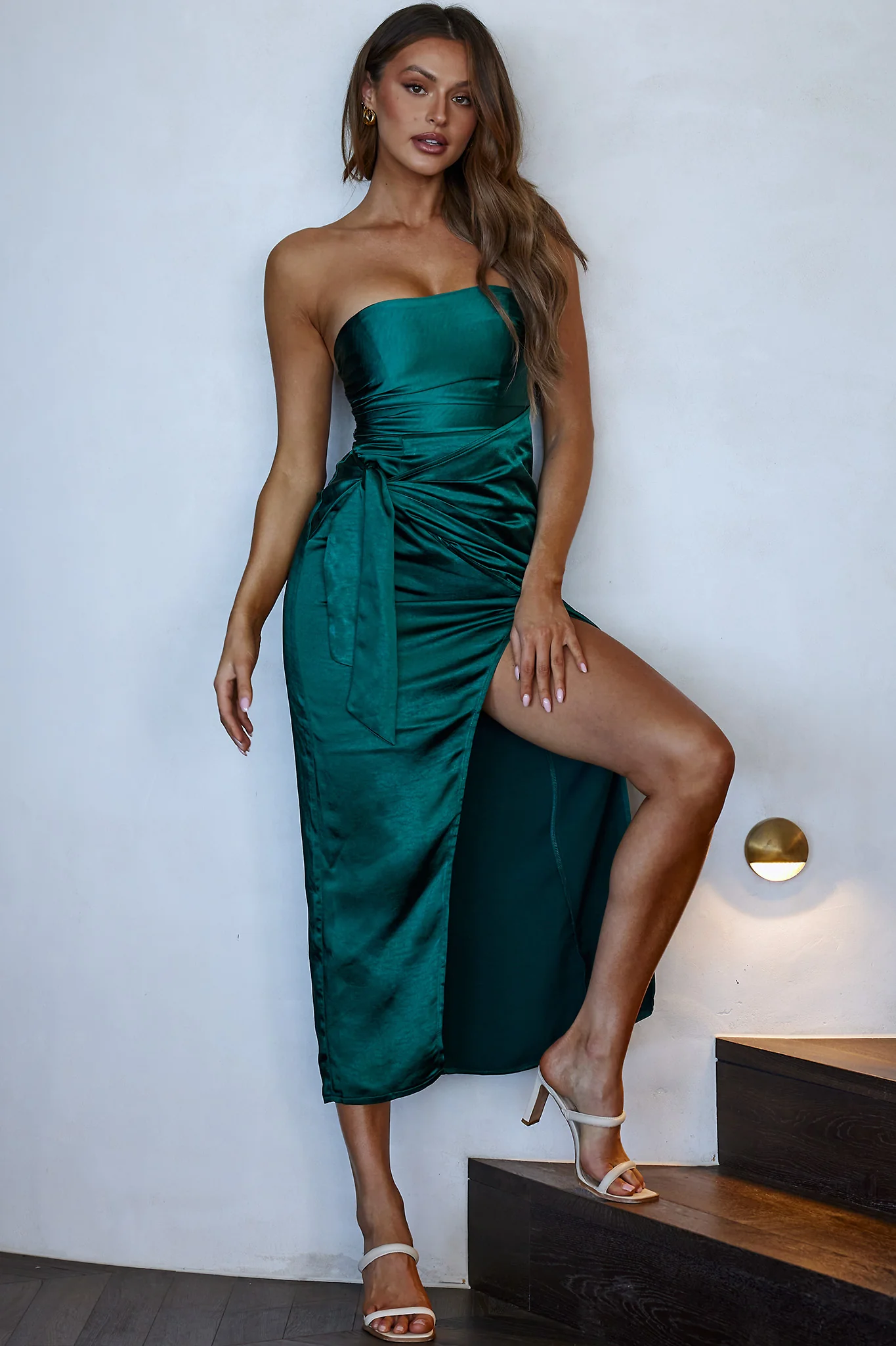 Gianna Strapless Waist Tie Midi Dress Forest Green
