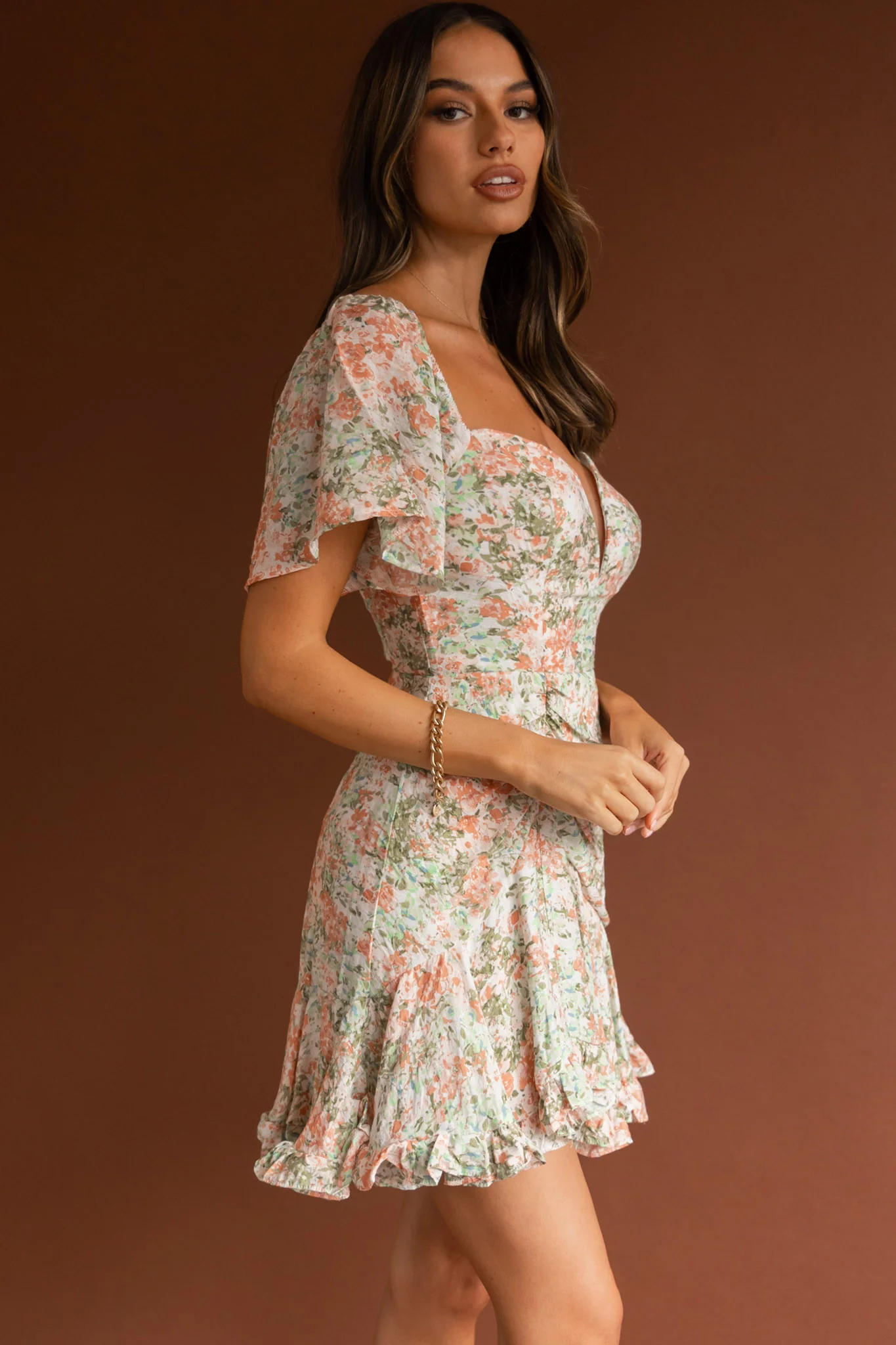 Leona V-Bust Frill Mini Dress Floral Peach