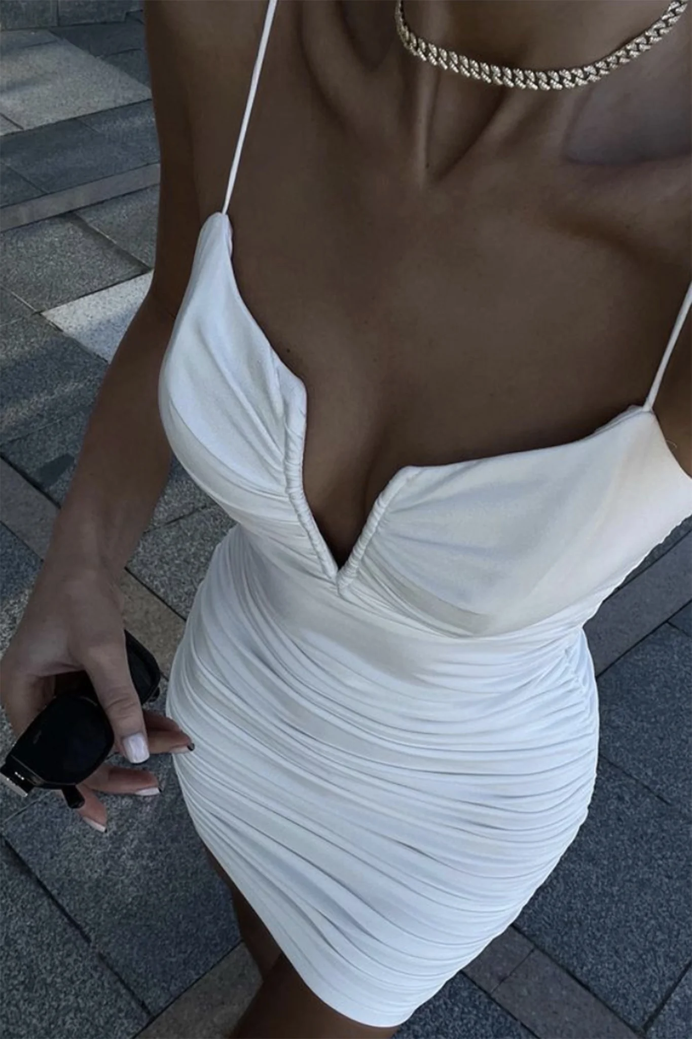 Good Vibes Cami Strap Deep V-Neckline Ruched Mini Dress White