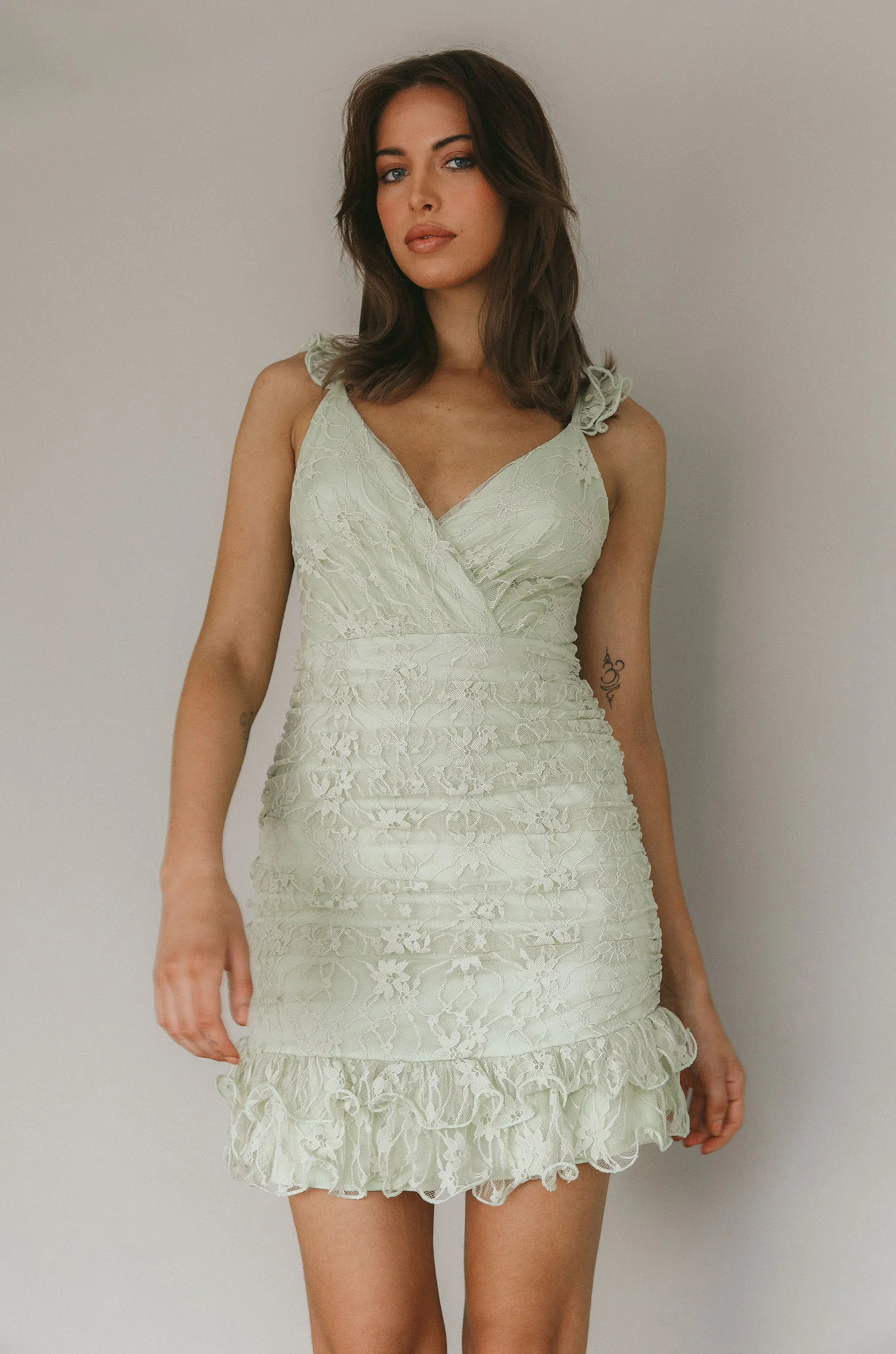 Kaley Ruched Side Layered Frill Hem Lace Mini Dress Sage