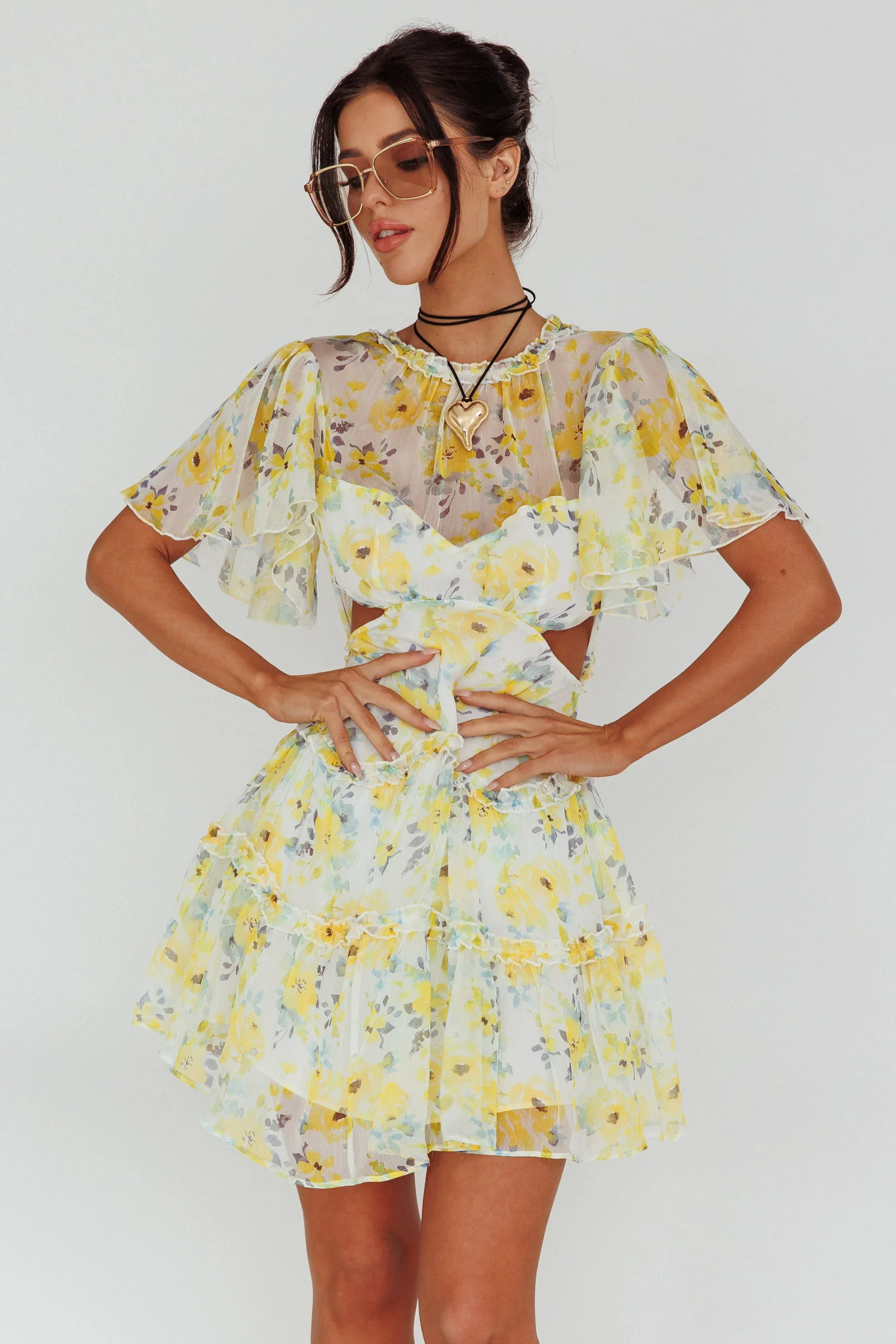 Tres Chic Flutter Sleeve Cut-Out Dress Floral Yellow