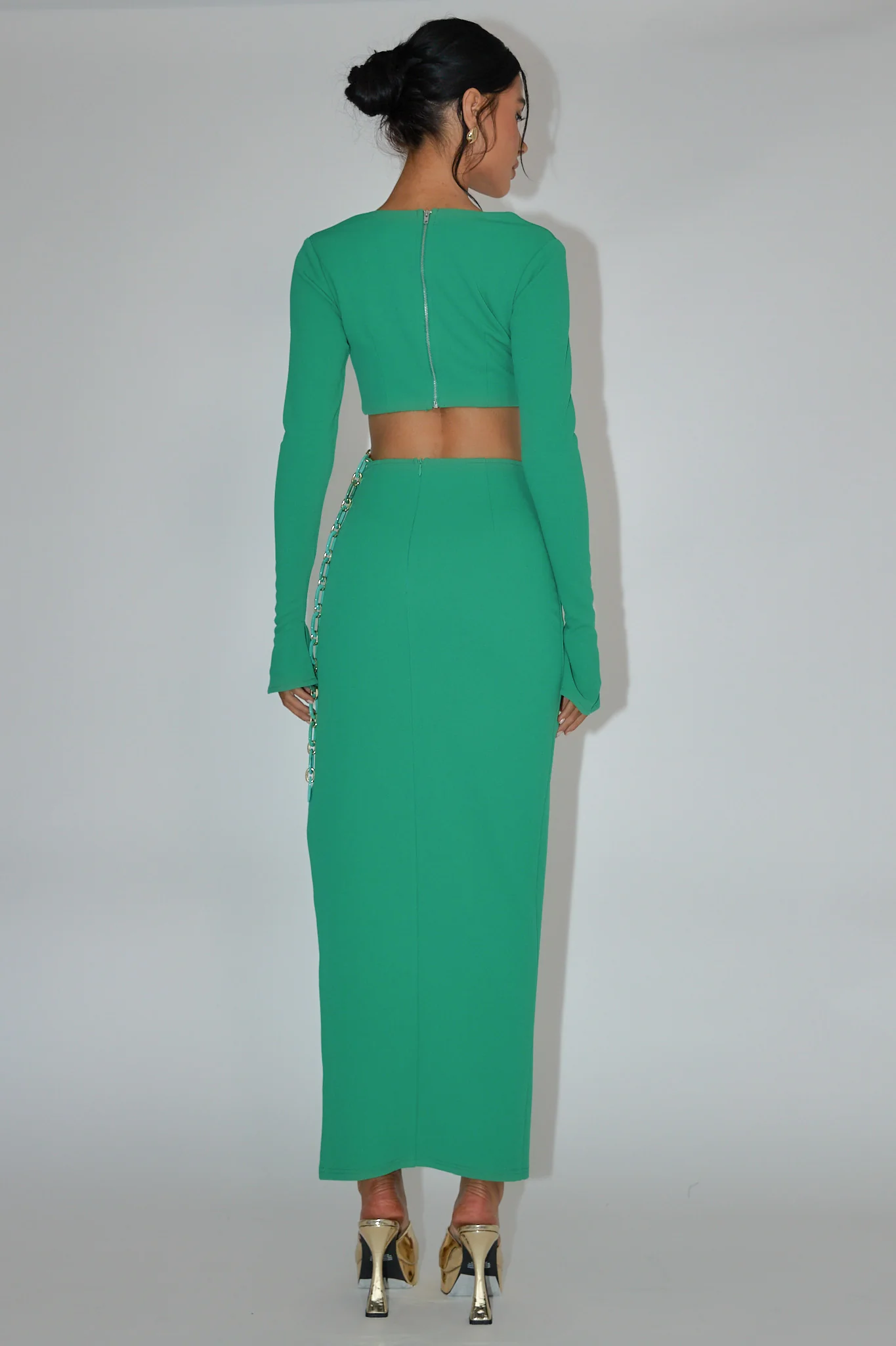 Sigournie Long Sleeve Chain Midi Dress Green