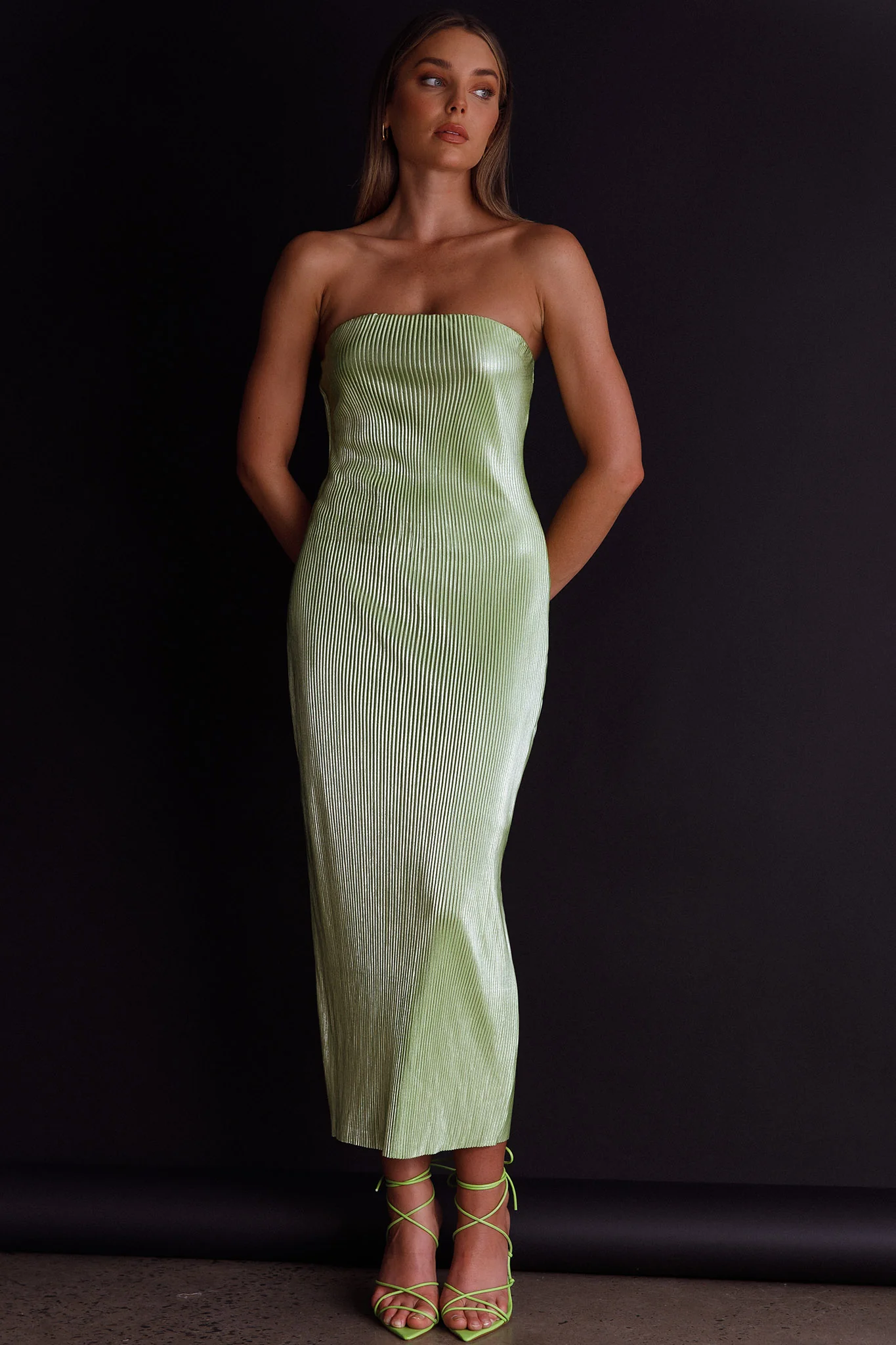 Shondra Accordion Pleat Tube Dress Lime