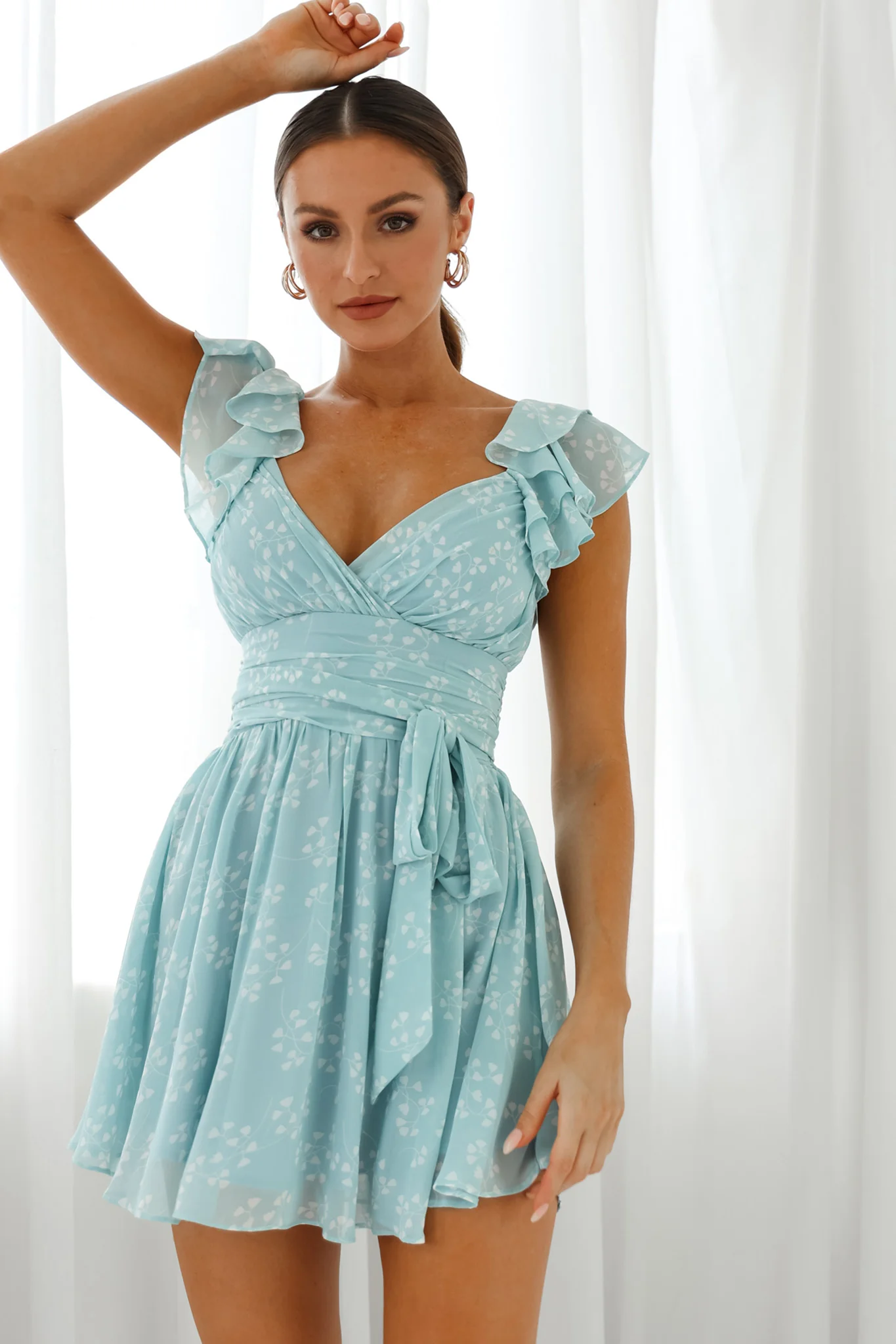 Lola Ruffle Shoulder Ruched Dress Leaf Print Blue