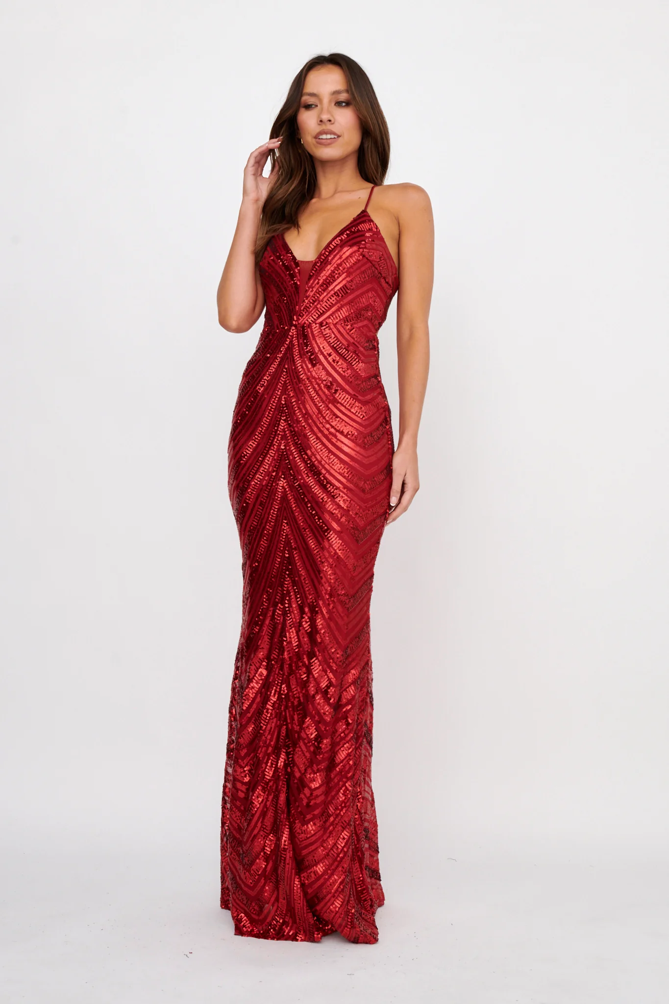 Dalila Open Tied Back Sequin Maxi Dress Red