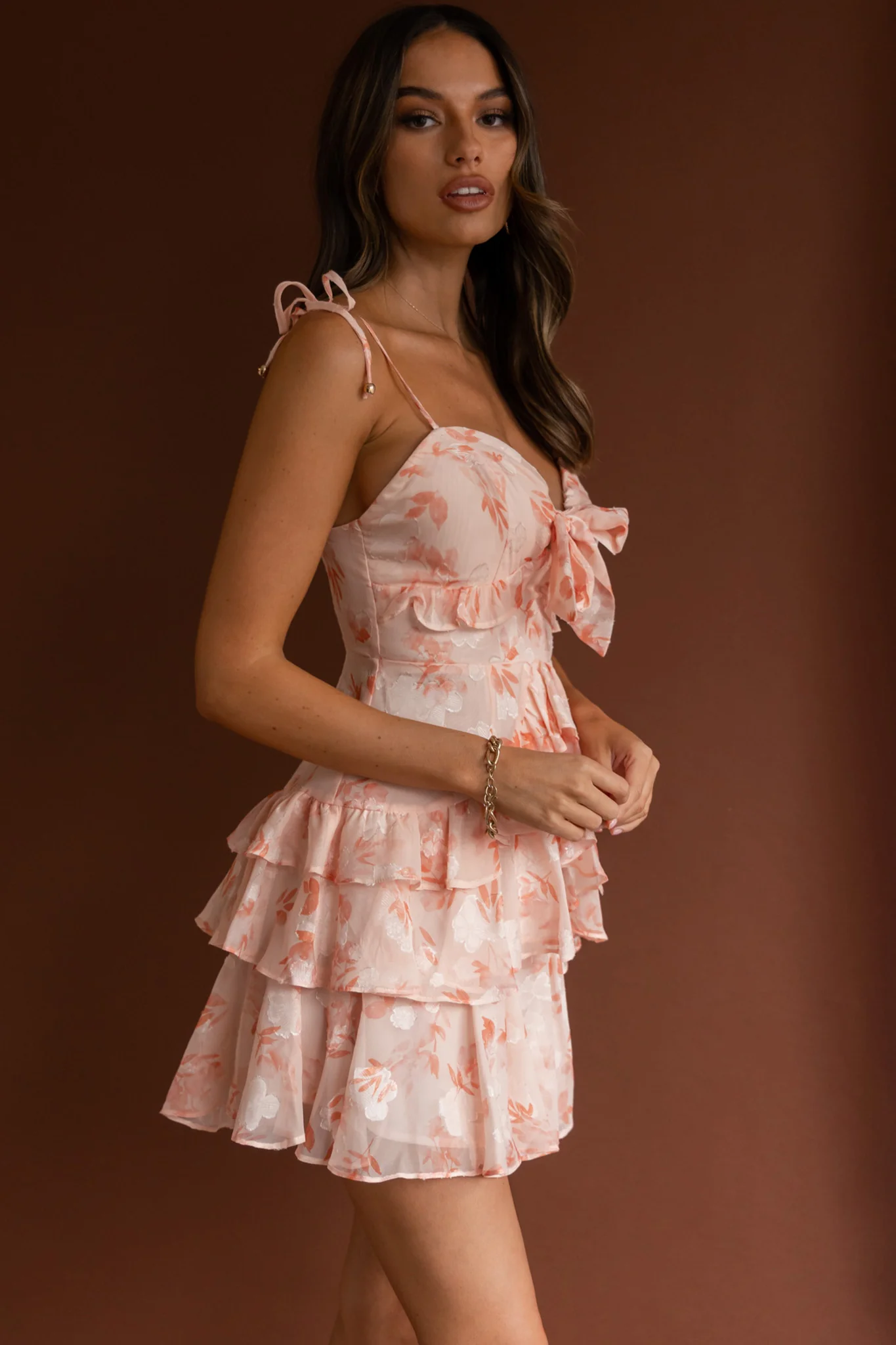 Flower Child Bust Tie Ruffle Trim Dress Floral Peach