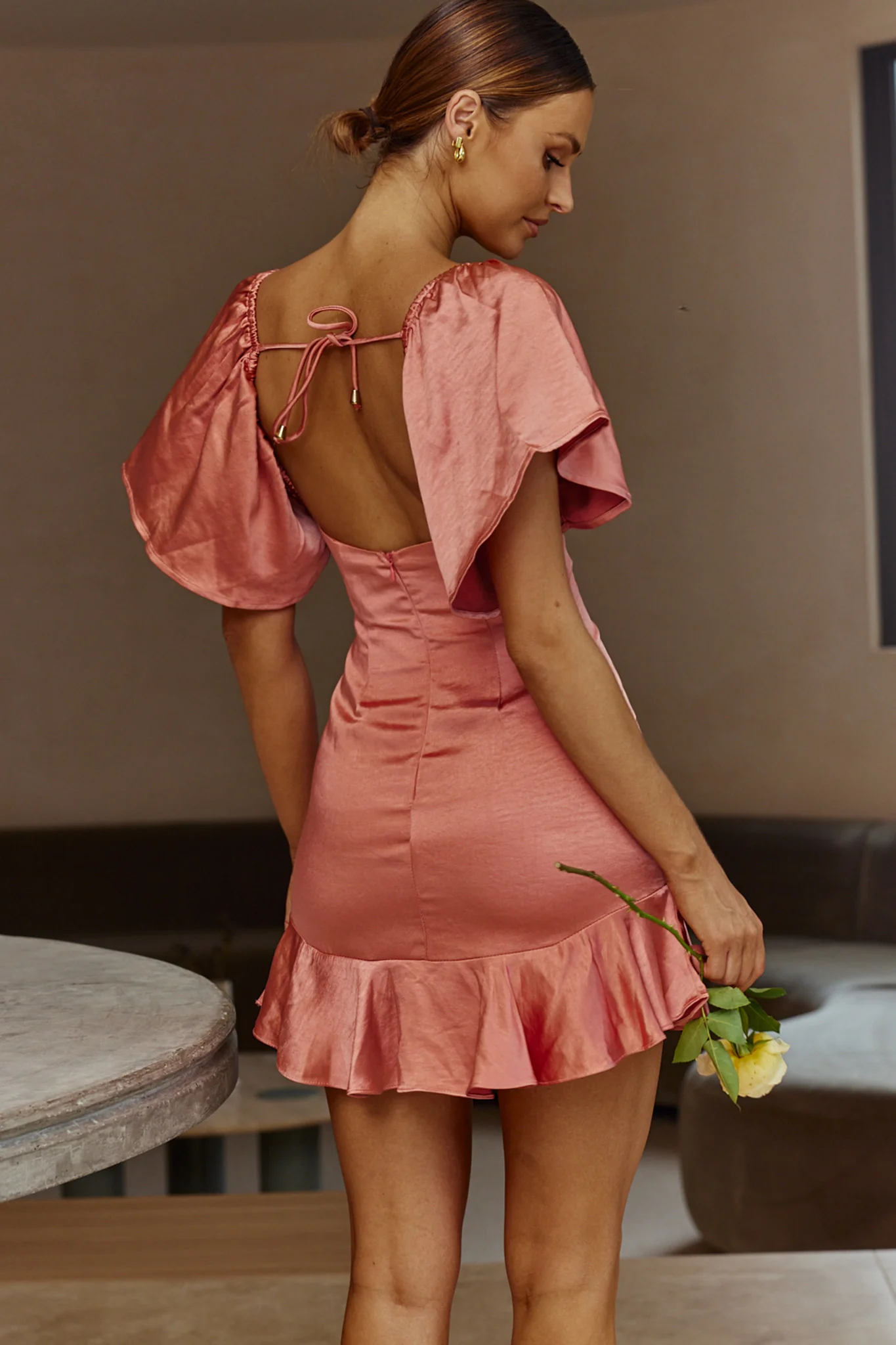 Eyes On You Pleated Bust Angel Sleeve Ruffle Hem Dress Rose