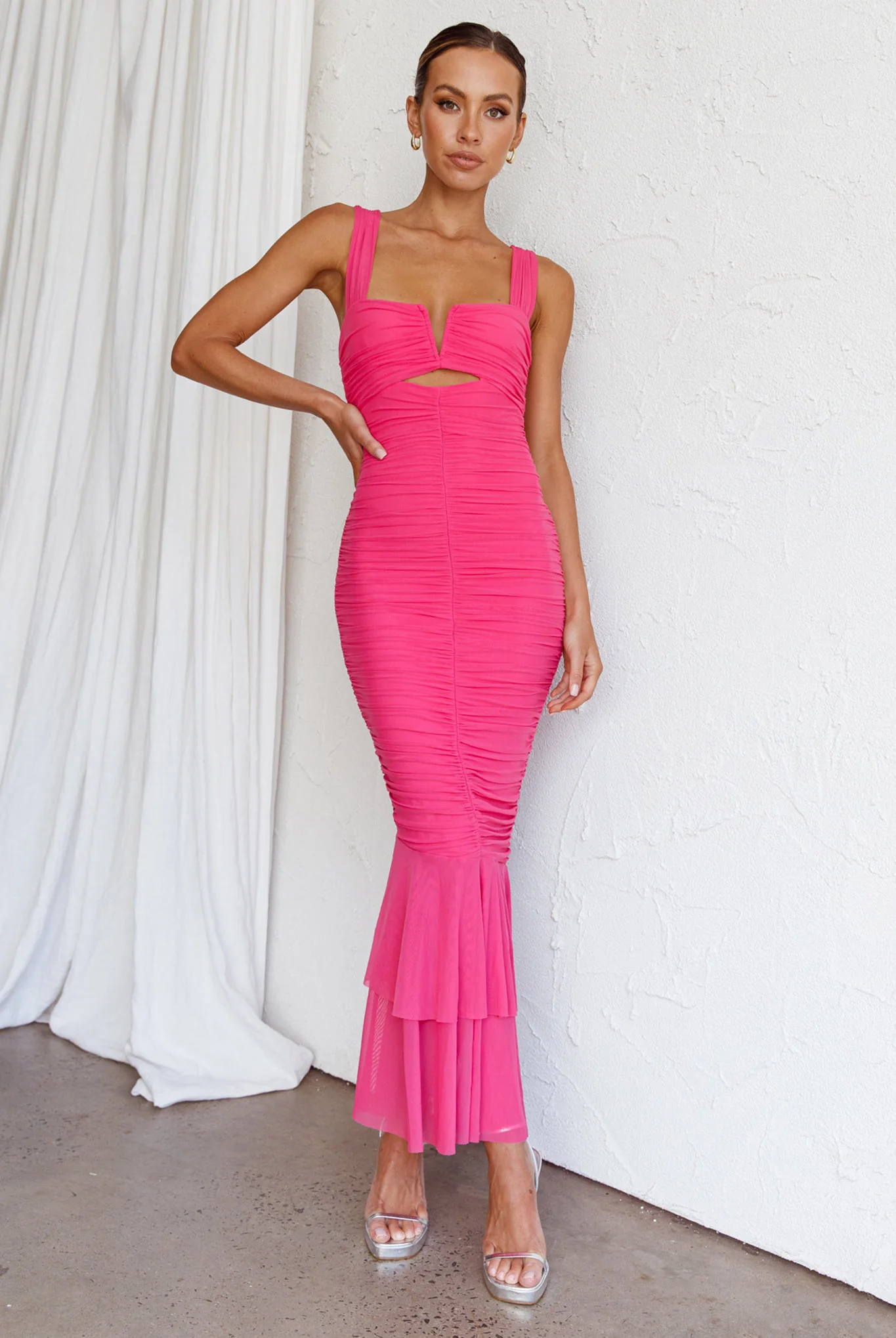 Nadia Ruched Fishtail Maxi Dress Hot Pink