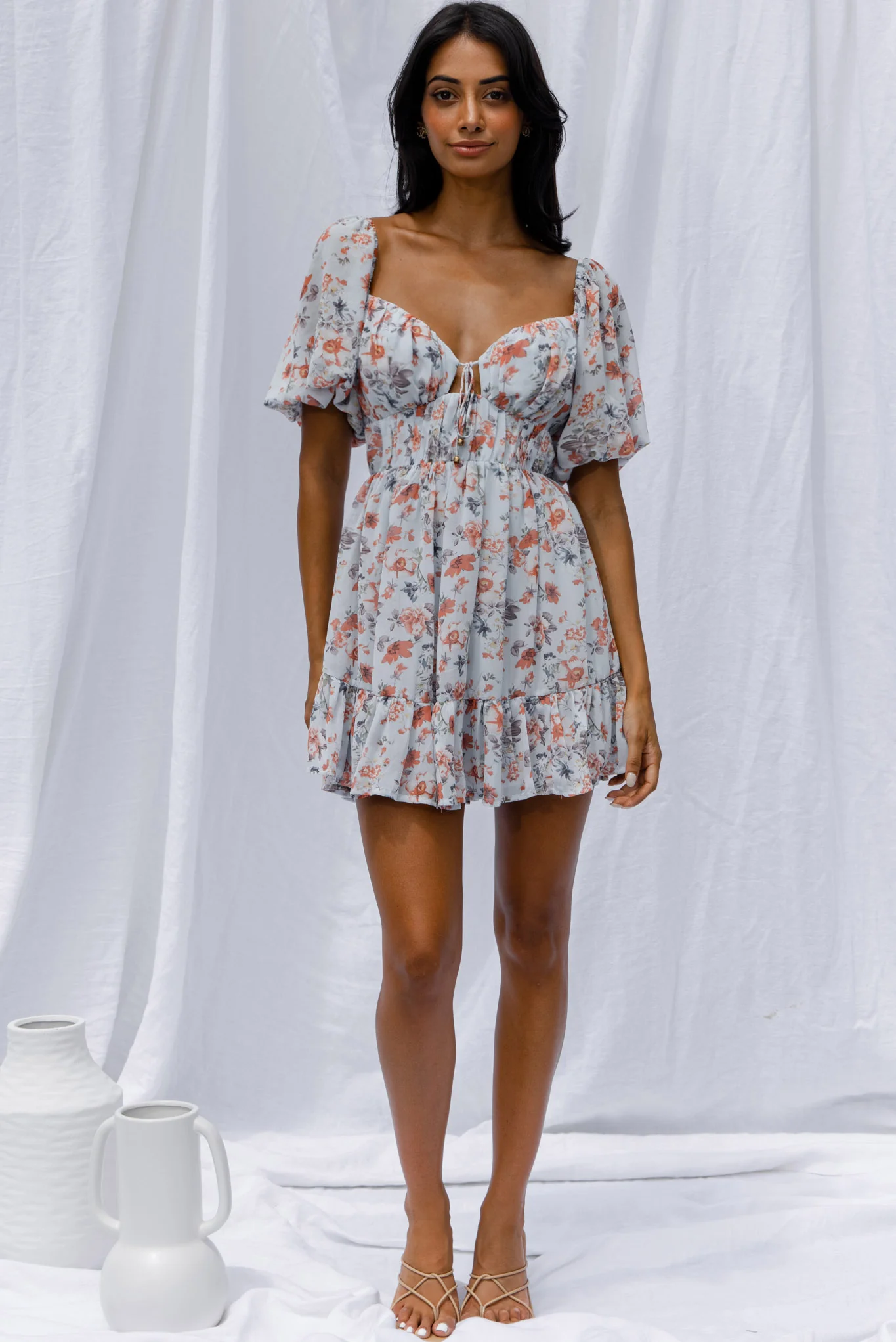 Vista Del Mar Tied Bust Mini Dress Floral Steel Blue