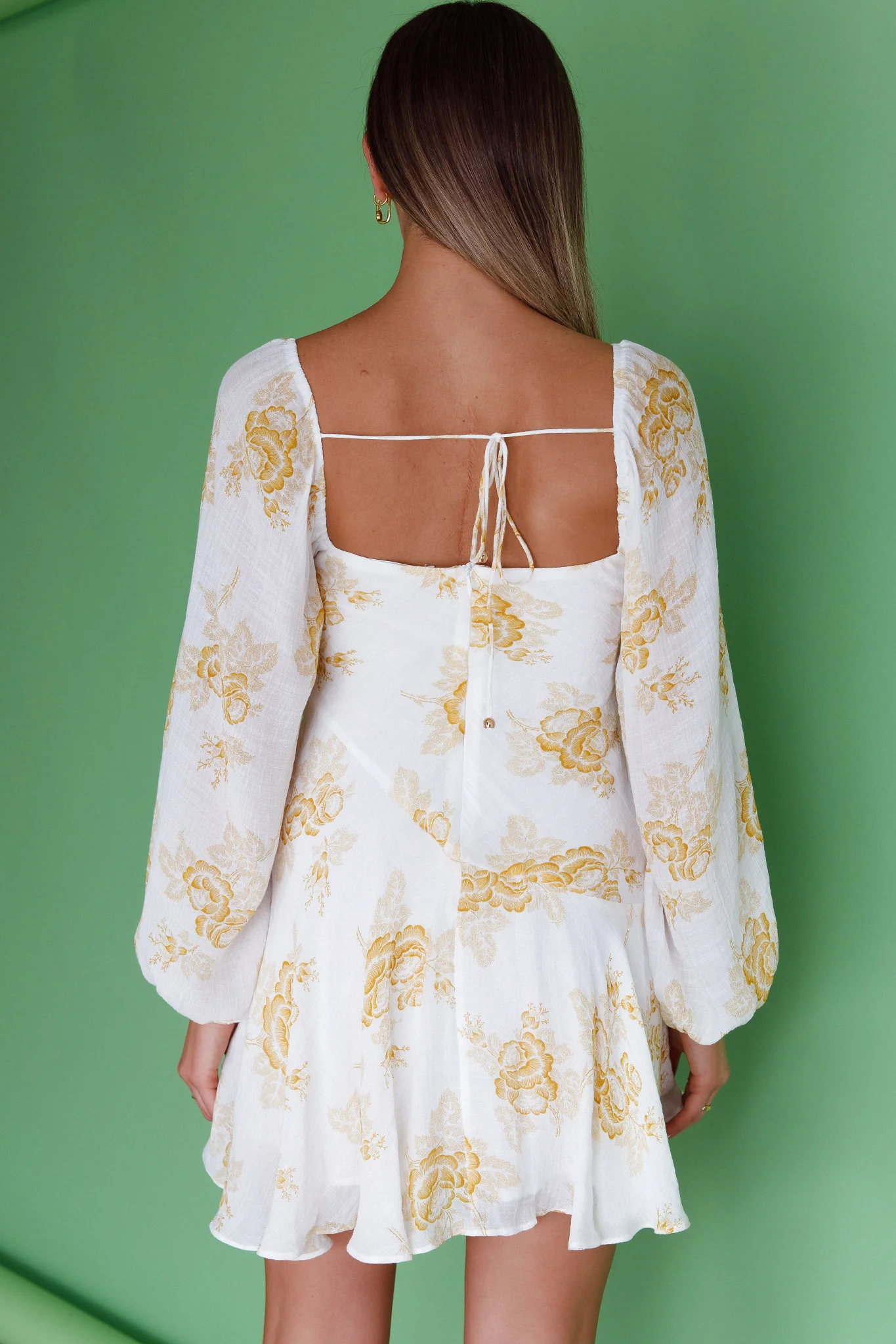 Beaujolais Long Sleeve Cowl Neckline Ruffle Mini Dress Floral Yellow