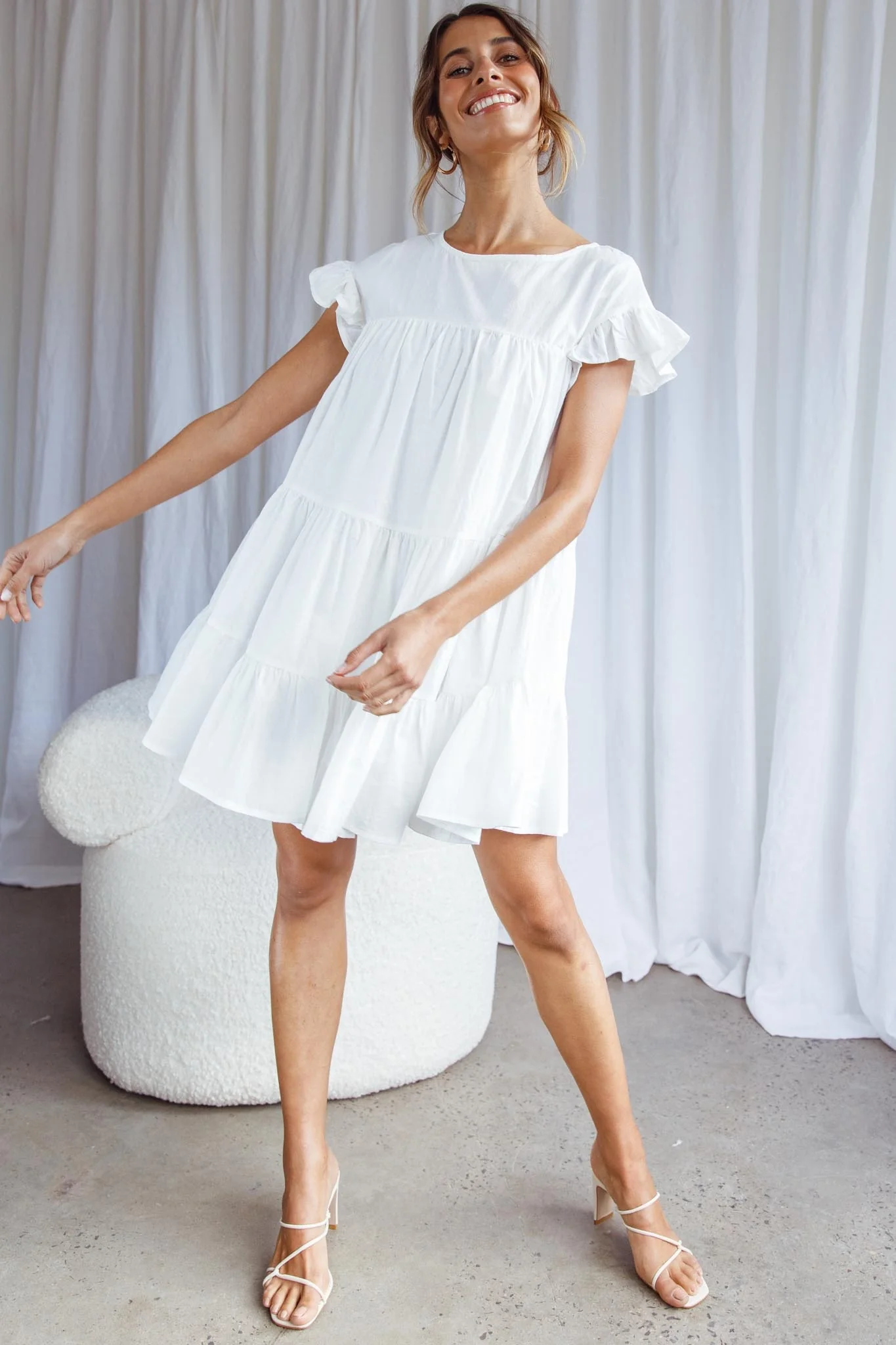 Hyacinth Ruffle Sleeve Smock Dress White