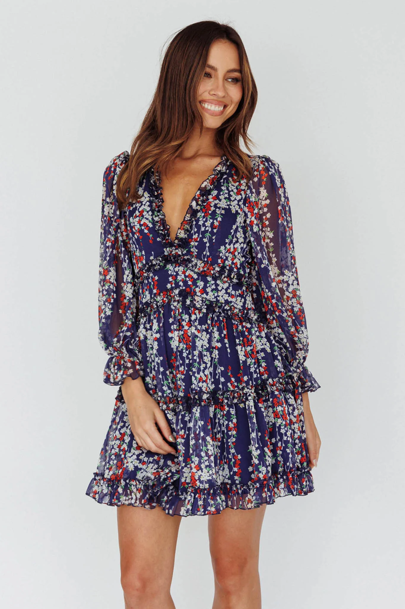 Laney Cutout Back Ruffle Detail Floral Dress Navy