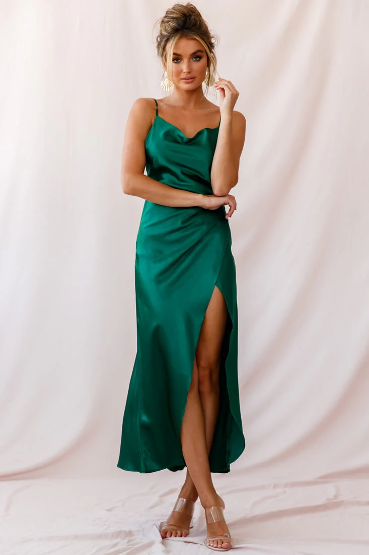 Hey Girl Long Satin Cowl Neck Dress Forest Green