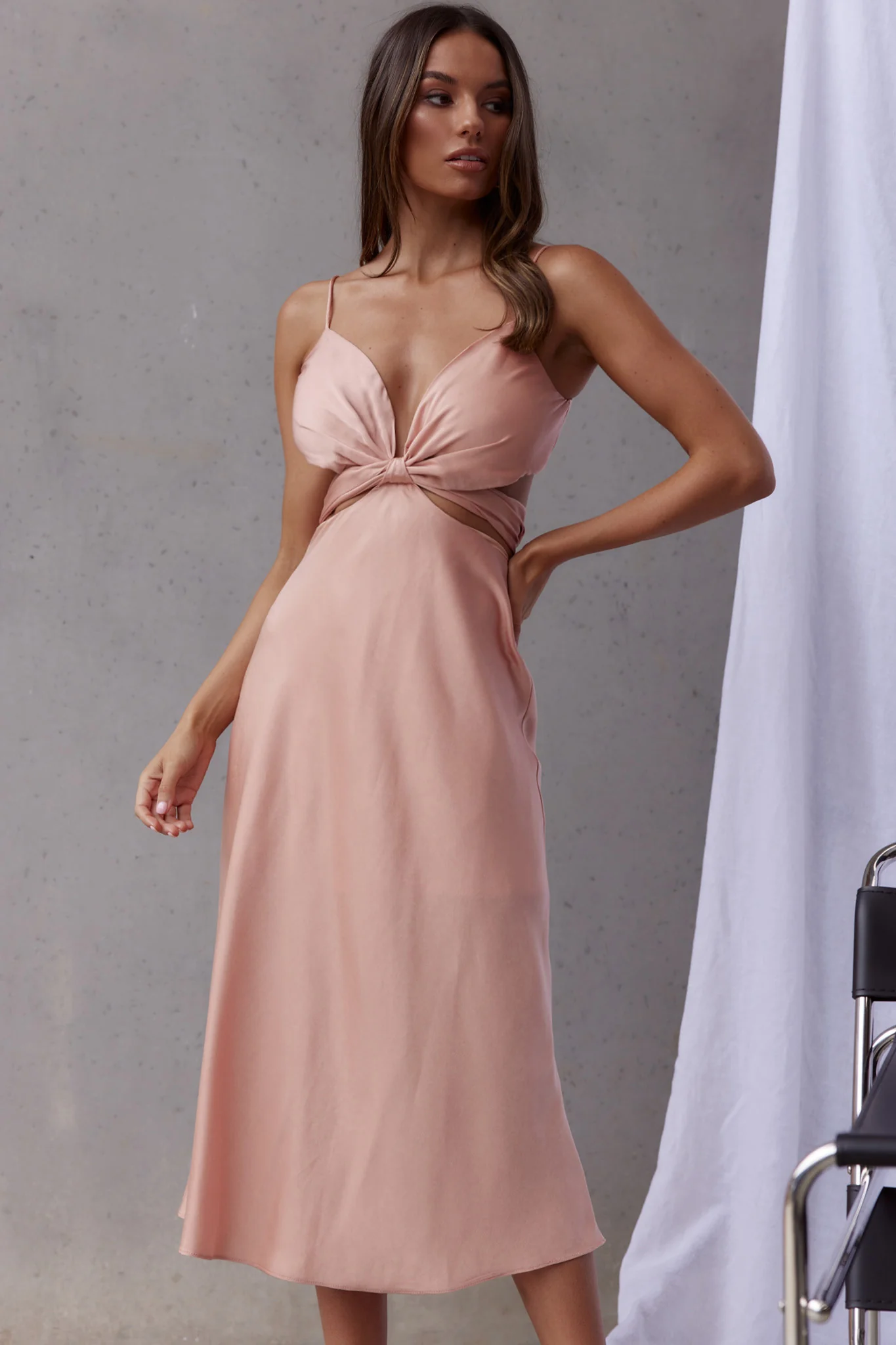Dance With Me Crossover Bust Midi Dress Peach