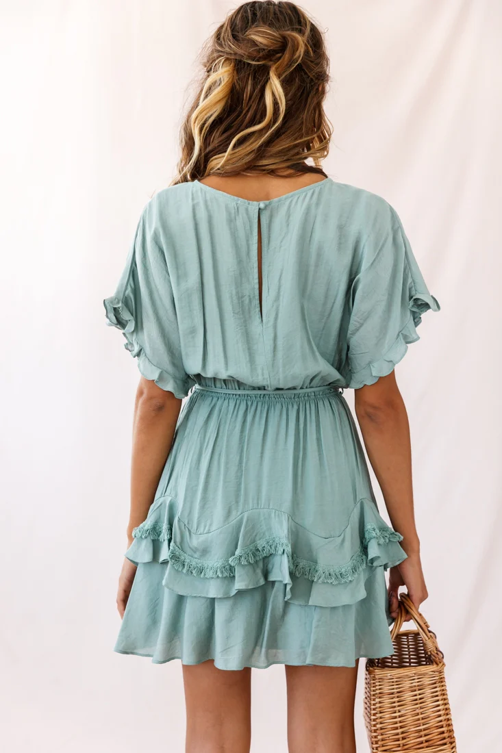 Mollina Frill Sleeve Tassel Hem Dress Olive