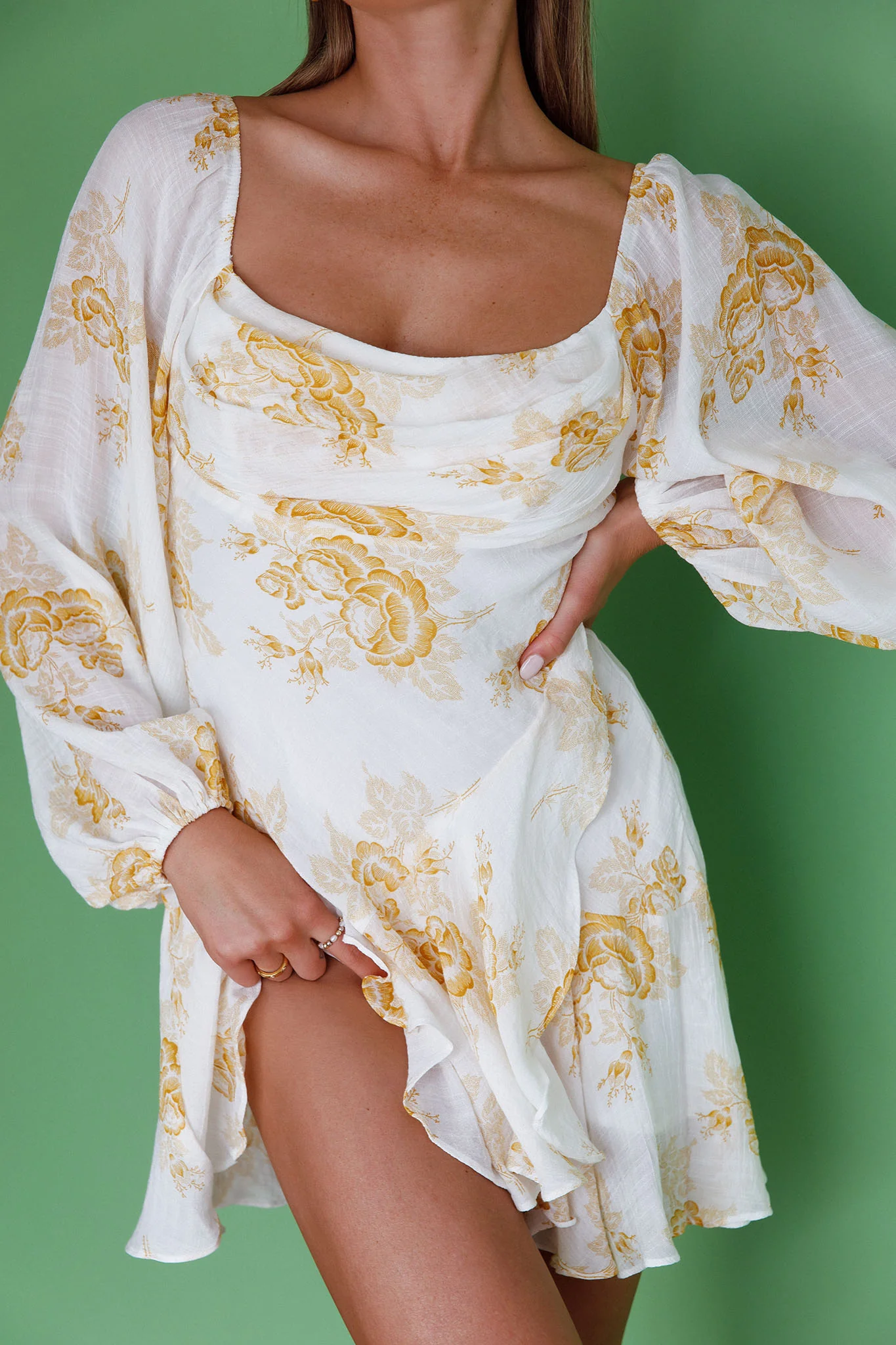 Beaujolais Long Sleeve Cowl Neckline Ruffle Mini Dress Floral Yellow