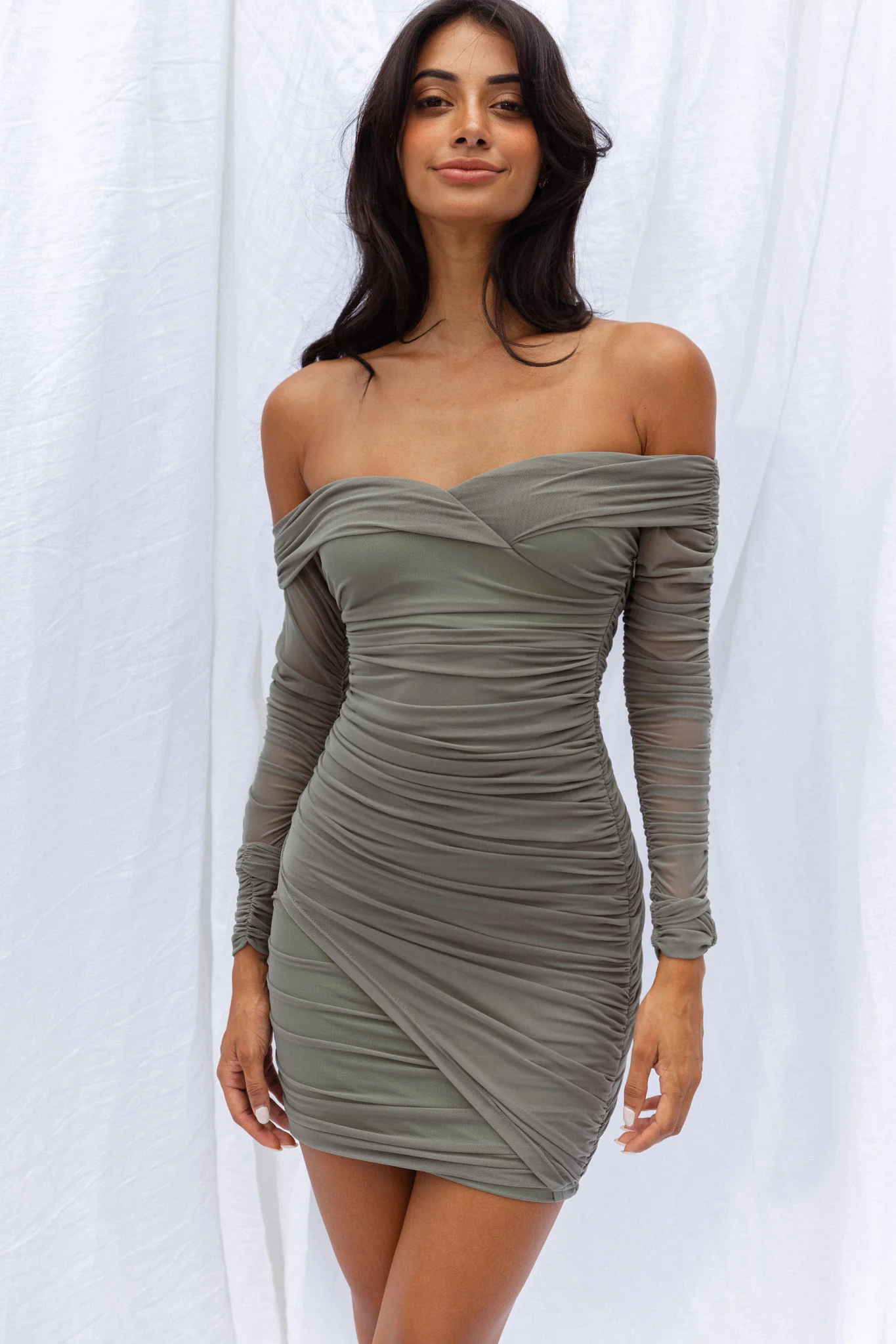 Moonrise Off-Shoulder Crossover Neckline Long Sleeve Ruched Dress Olive