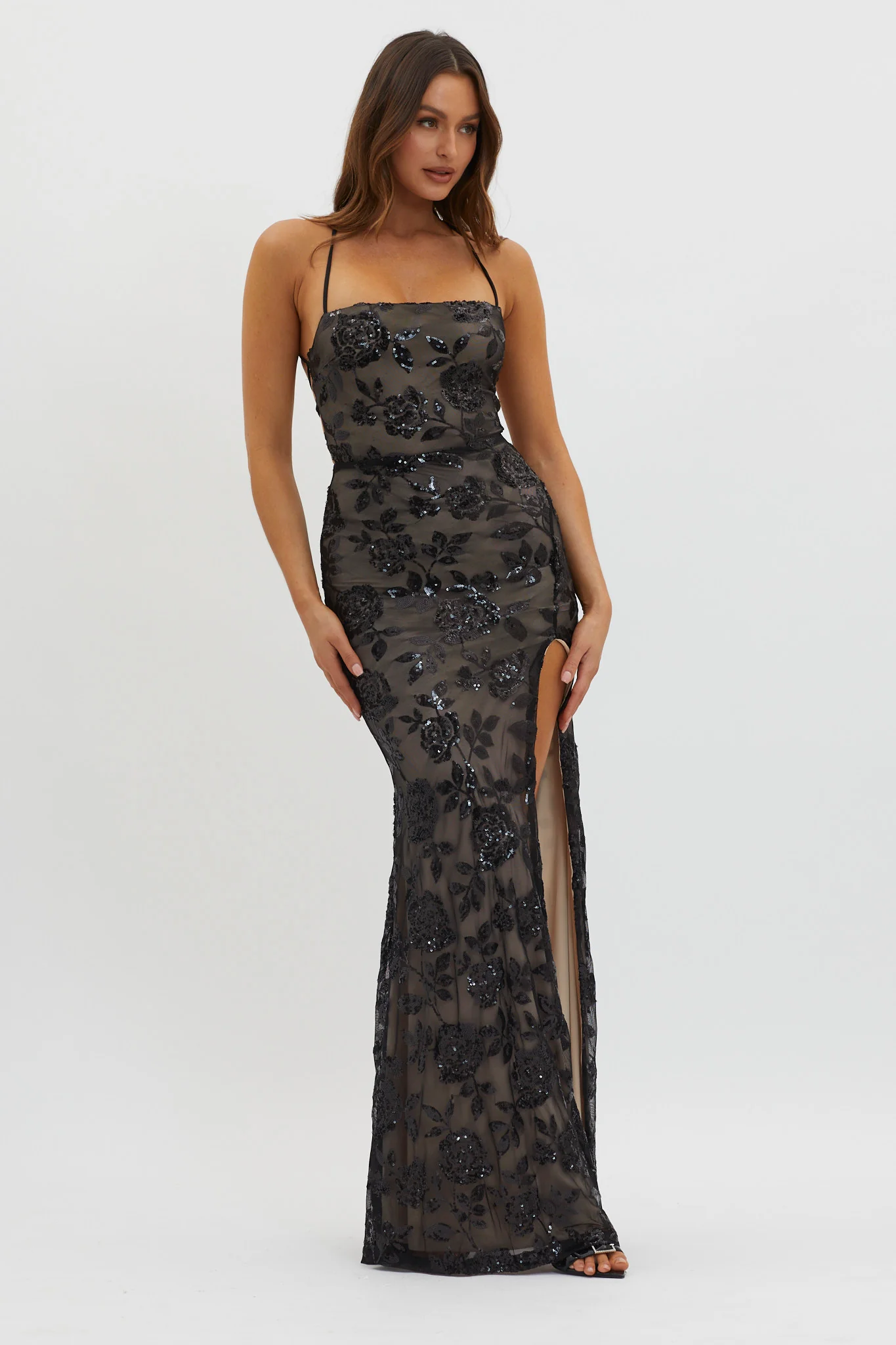 Sparks Fly Sequin Embellished Maxi Dress Black/Nude
