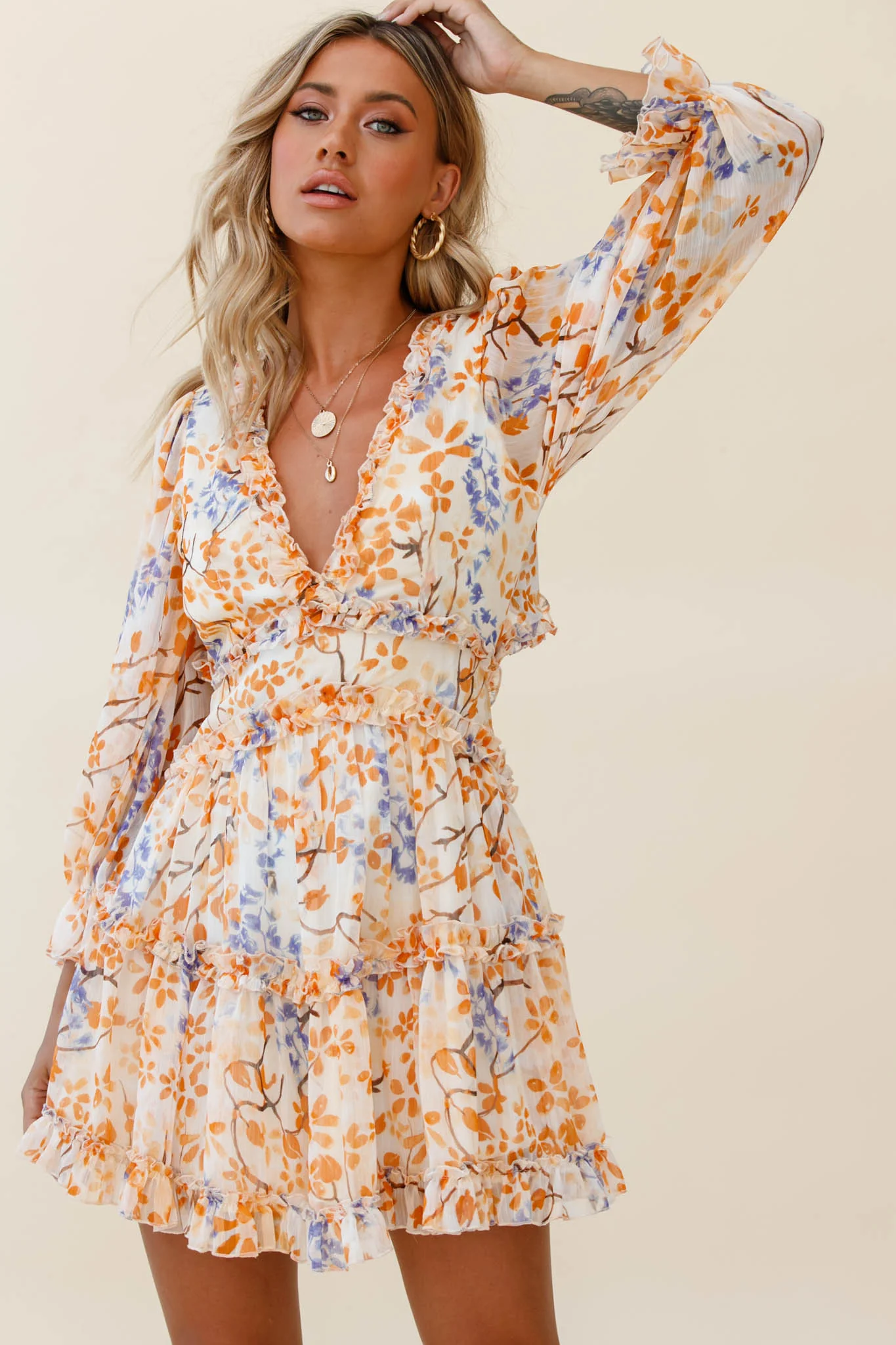 Laney Cutout Back Frill Trim Dress Floral Pattern Orange