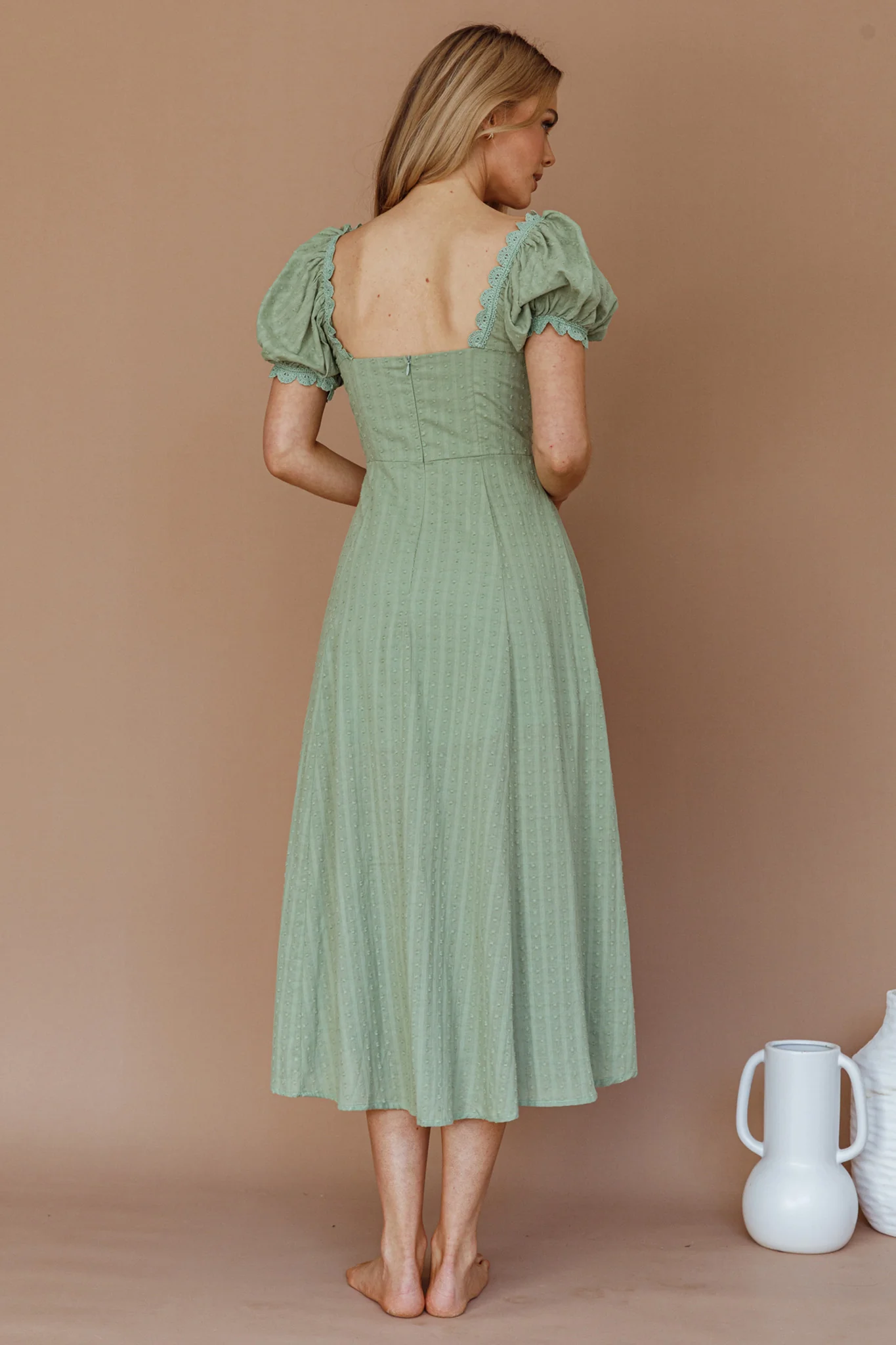 Chablis Gathered Bust Puff Sleeve Midi Dress Sage