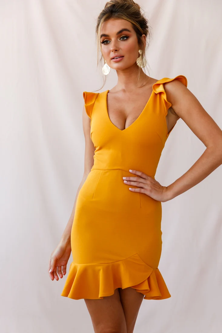 Take Note Frill Dress Mustard