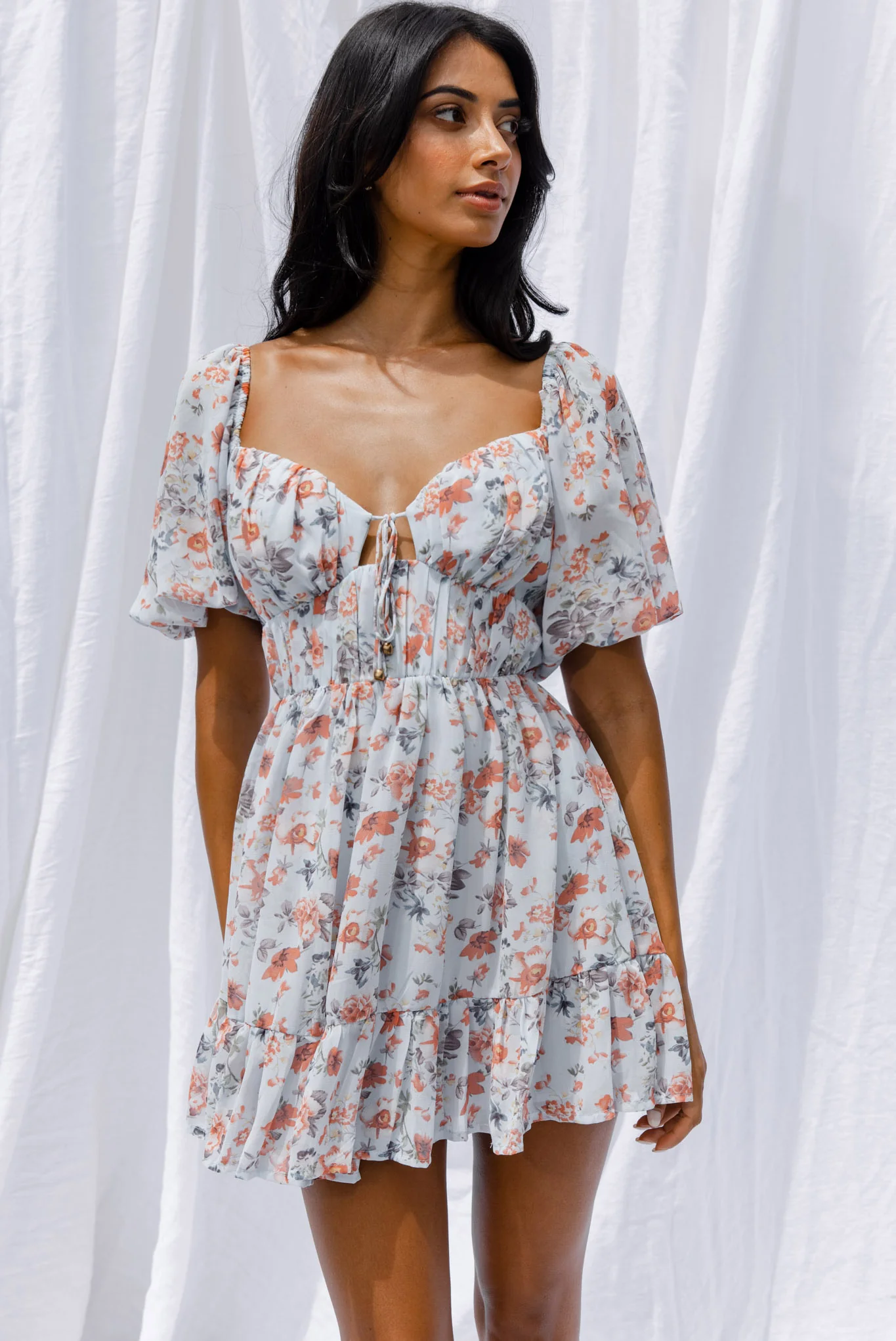 Vista Del Mar Tied Bust Mini Dress Floral Steel Blue