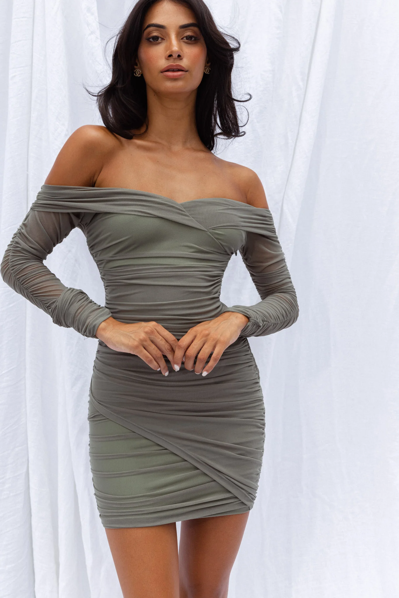 Moonrise Off-Shoulder Crossover Neckline Long Sleeve Ruched Dress Olive