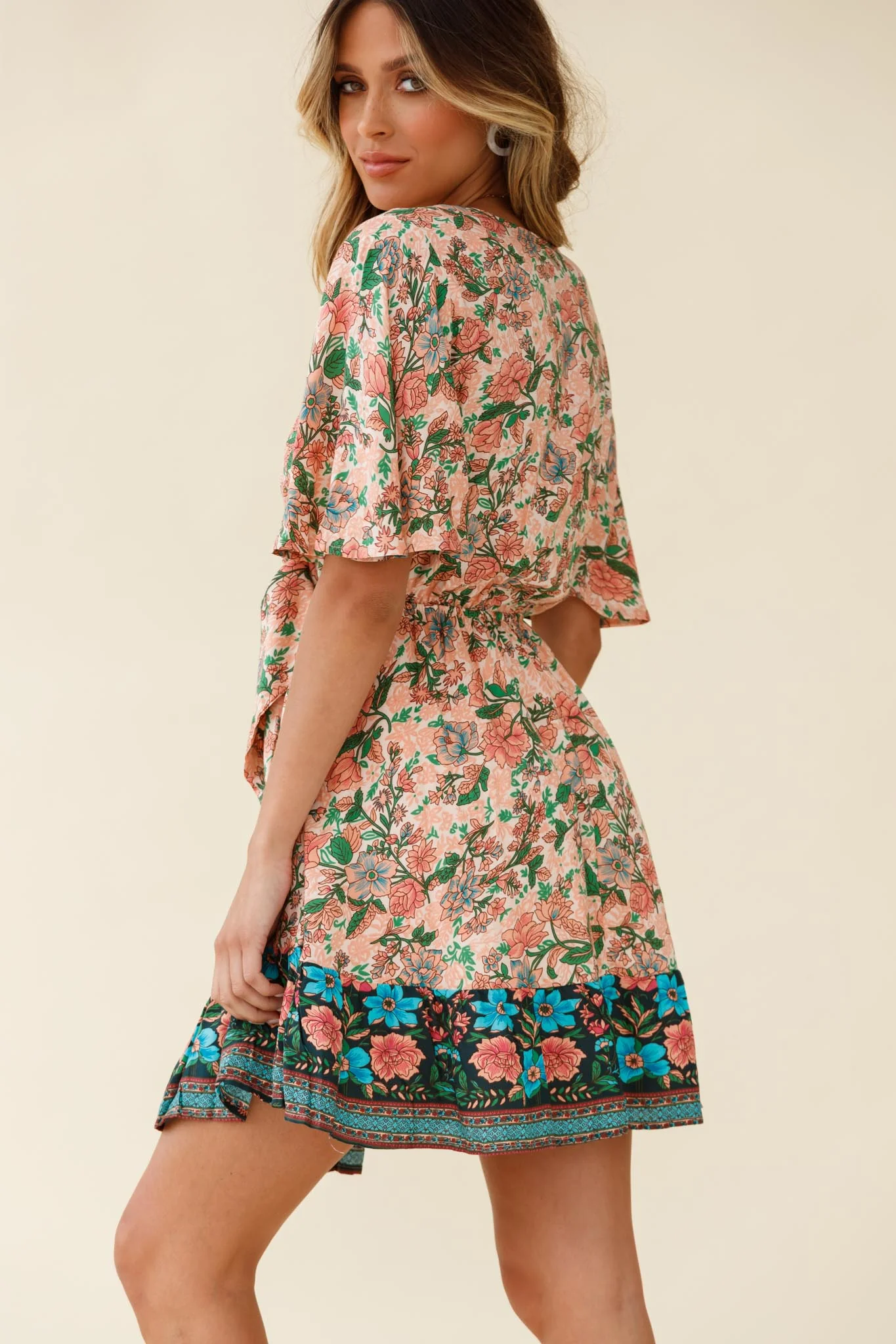 Suva Tie-Knot Bust A-Line Dress Botanic Print Nude