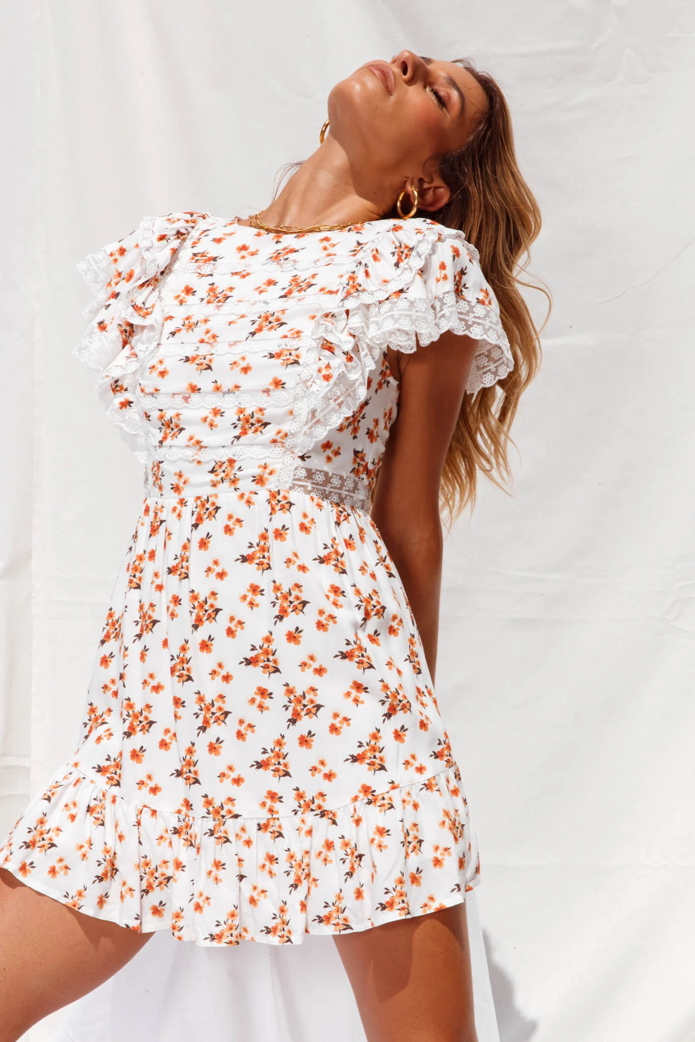 Hello Sunshine Lace Trim Ruffle Shoulder Dress Floral Print White/Orange