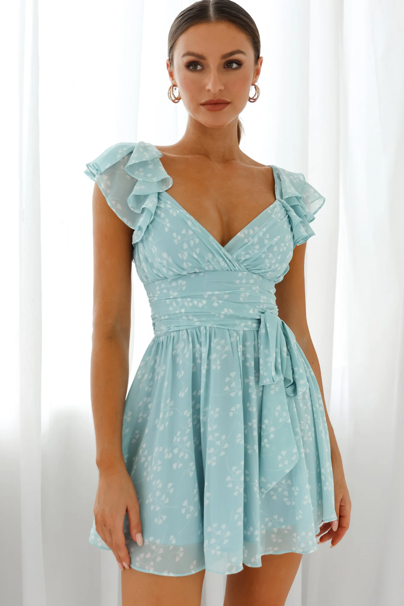 Lola Ruffle Shoulder Ruched Dress Leaf Print Blue