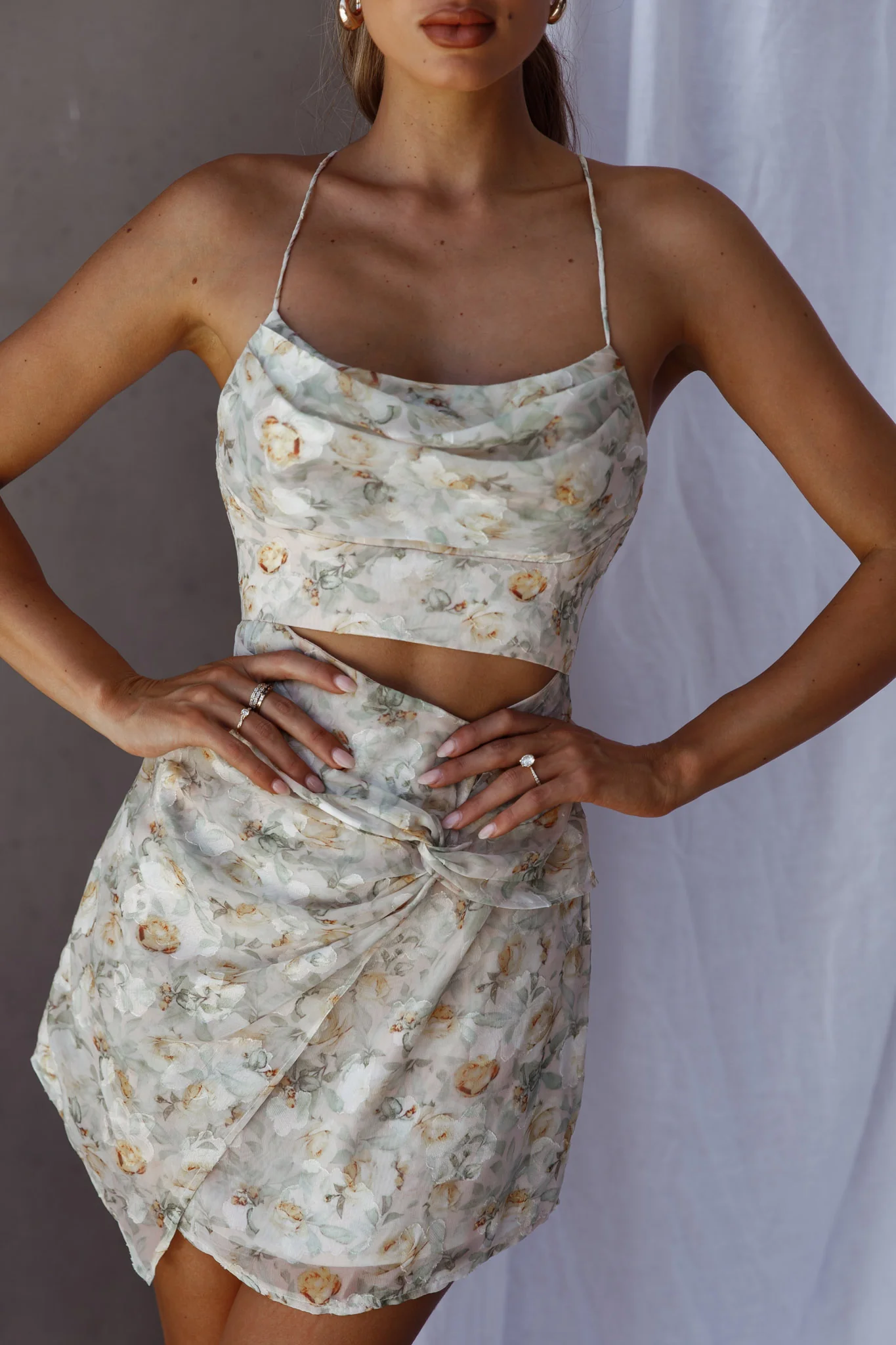 Miami Nights Cowl Neckline Twist Feature Mini Dress Floral Green