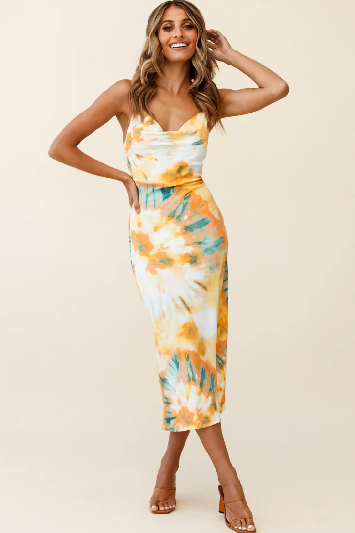 Show Me Love Cowl Neck Midi Dress Tie-Dye Orange Multi