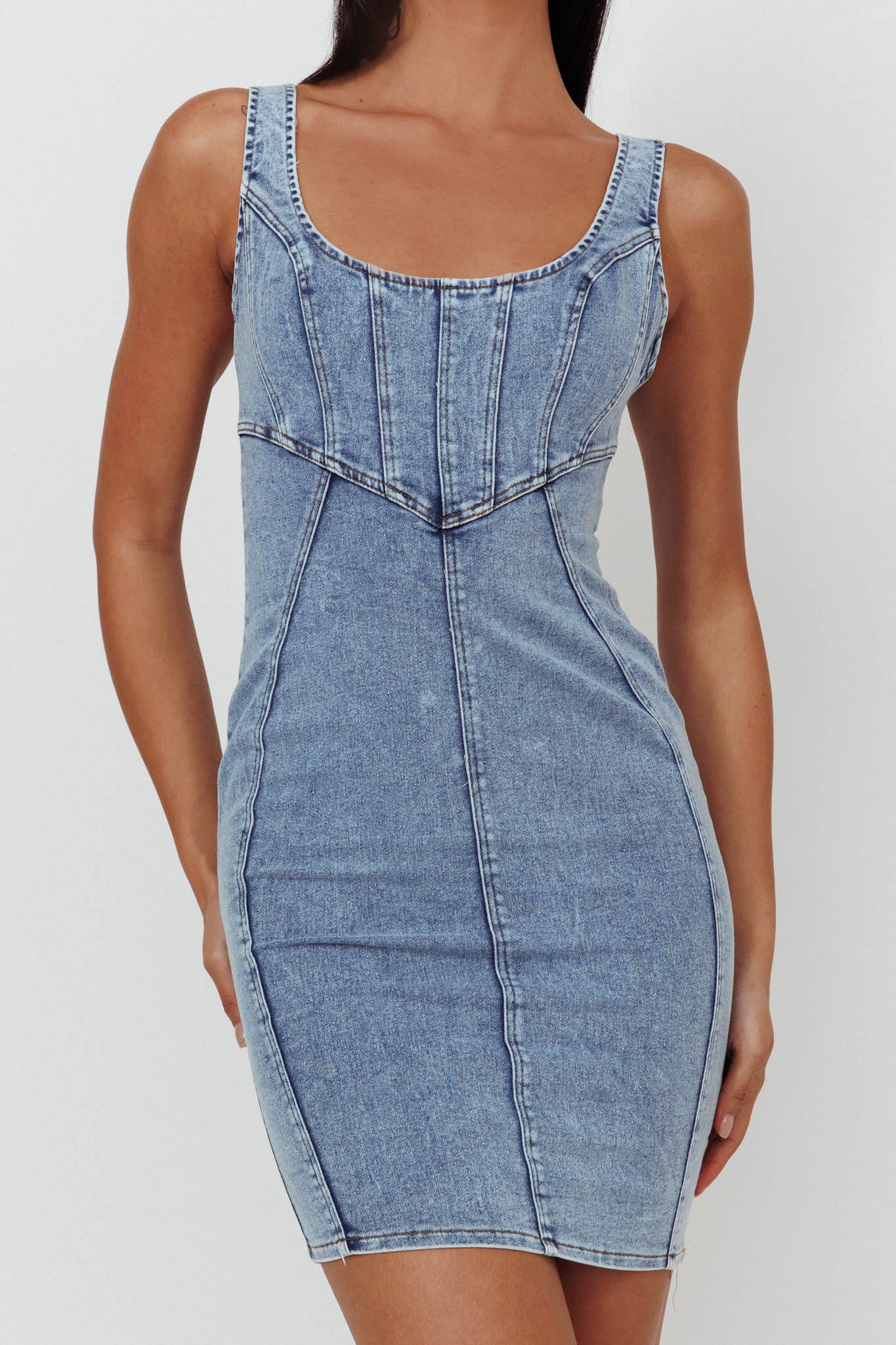 Laramy Low Back Mini Dress Washed Blue